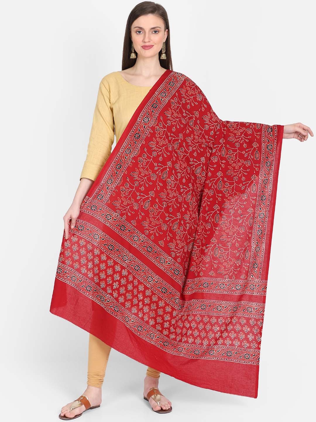 

THE WEAVE TRAVELLER Women Red & Black Ajrakh Hand Block Printed Cotton Sustainable Dupatta