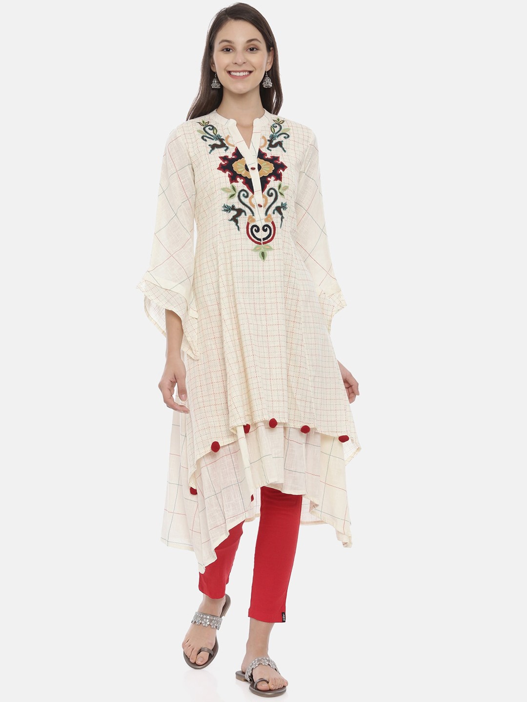 

Neerus Women Cream-Coloured Embroidered Layered A-Line Kurta