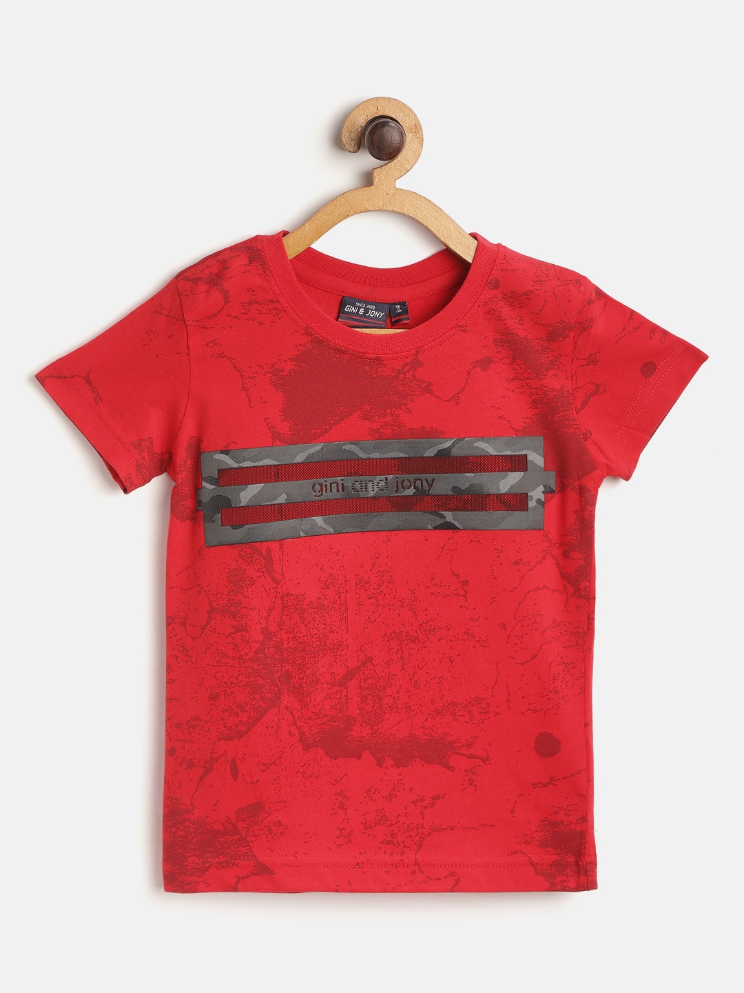 

Gini and Jony Boys Red Charcoal Grey Abstract Print Round Neck Pure Cotton T-shirt