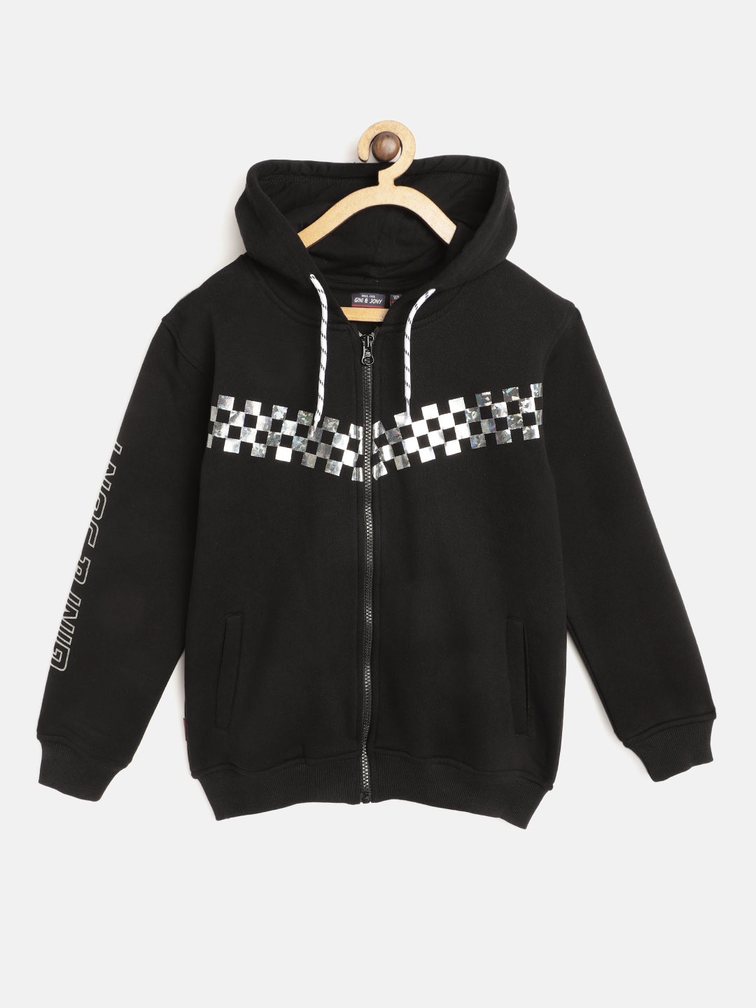 

Gini and Jony Boys Black Cotton Hooded Sweatshirt with Checkered Detail