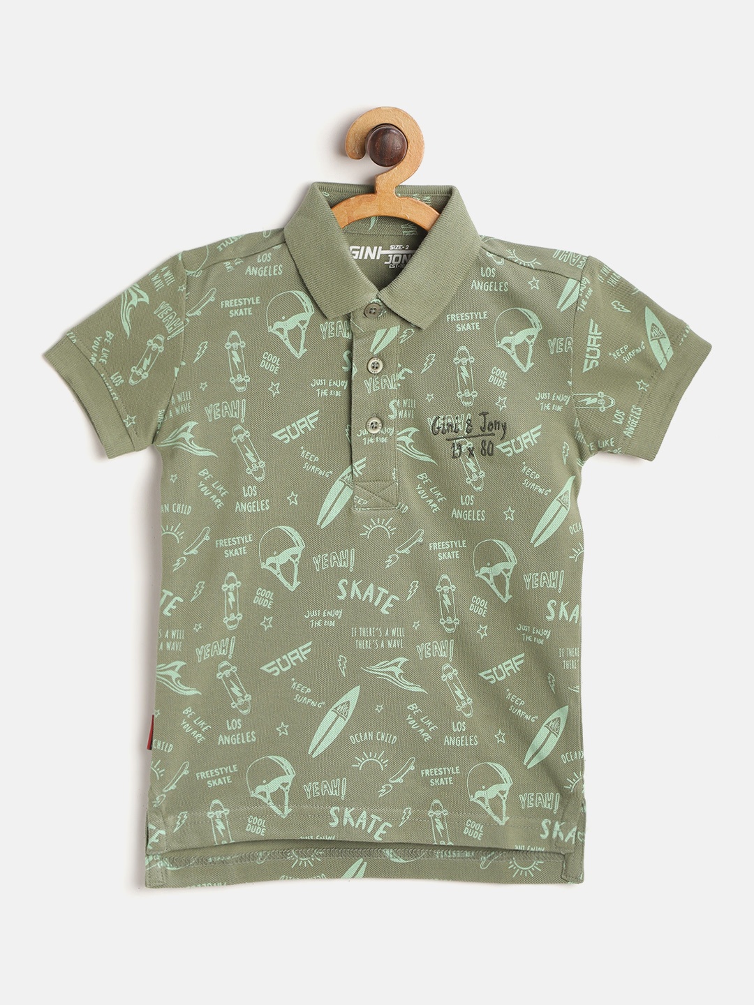 

Gini and Jony Boys Olive Green Conversational Print Pure Cotton Polo Collar Pure Cotton T-shirt