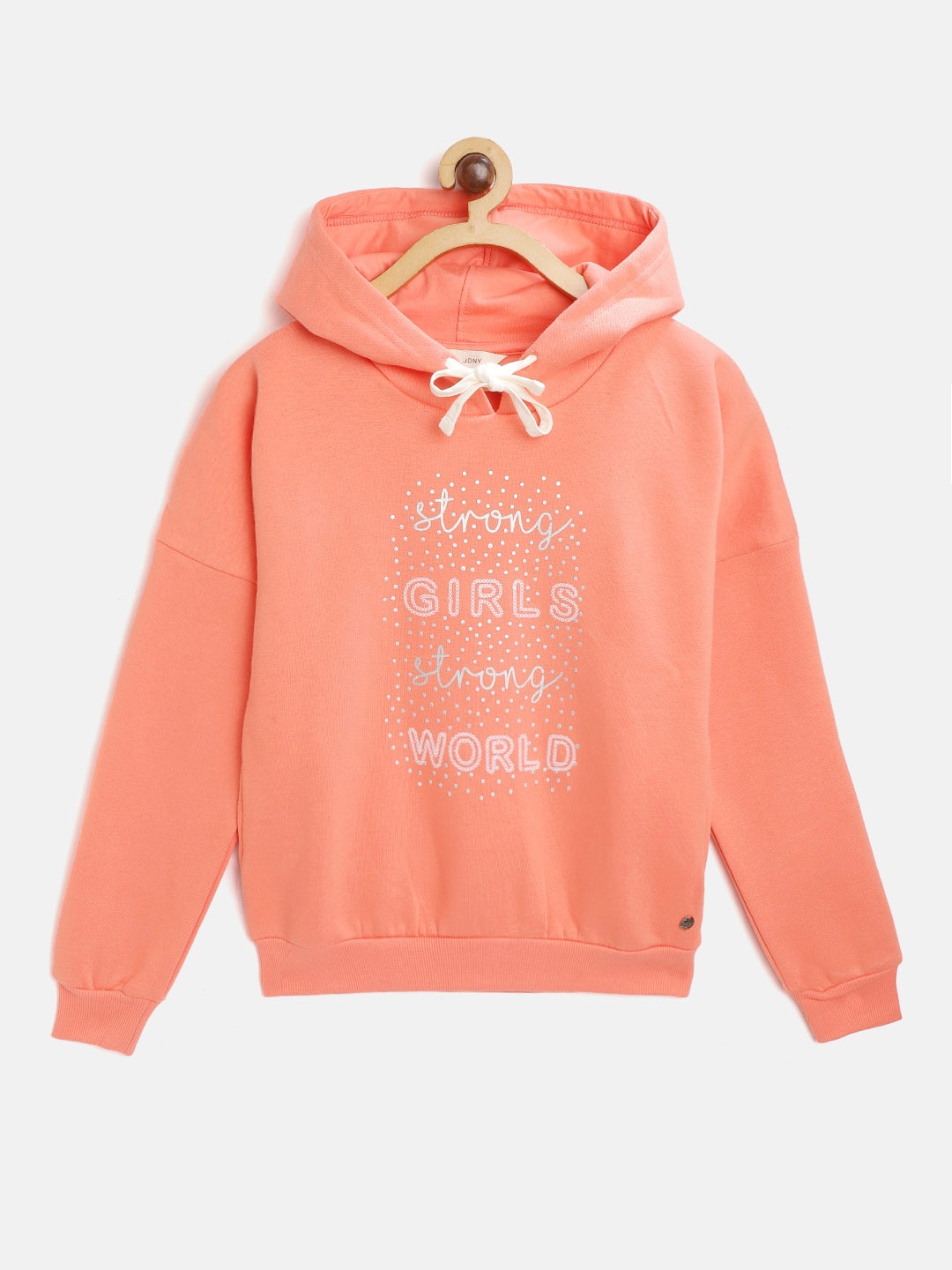 

Gini and Jony Girls Peach-Coloured & White Printed Hooded Sweatshirt with Sequinned Detail