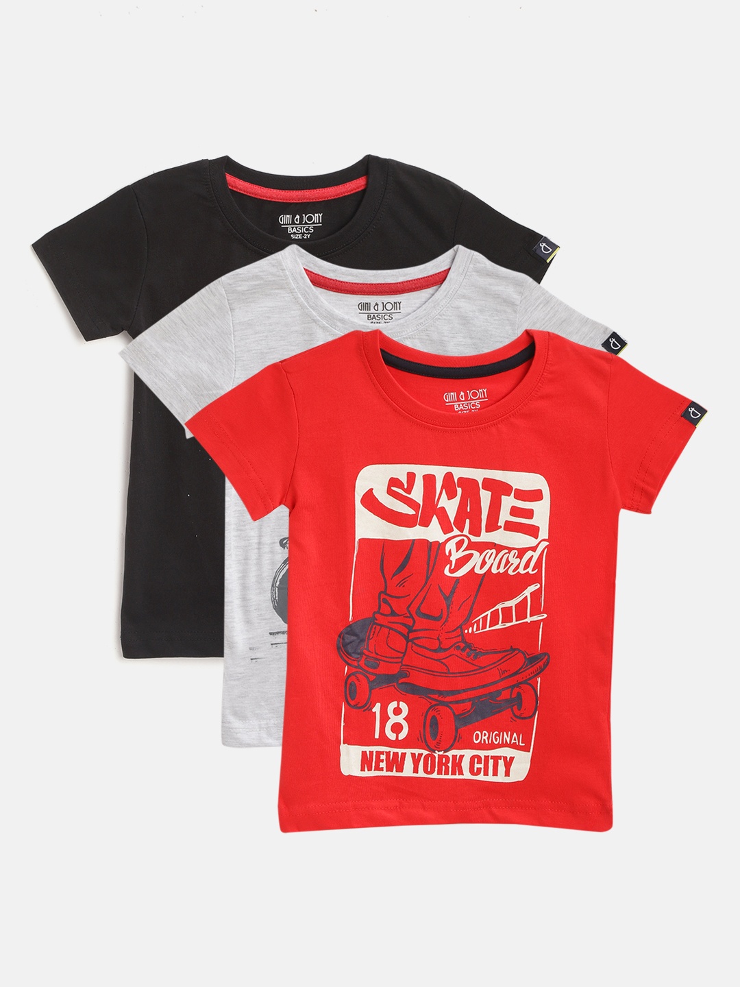 

Gini and Jony Boys Pack of 3 Typography Print Round Neck Pure Cotton T-shirts, Grey melange