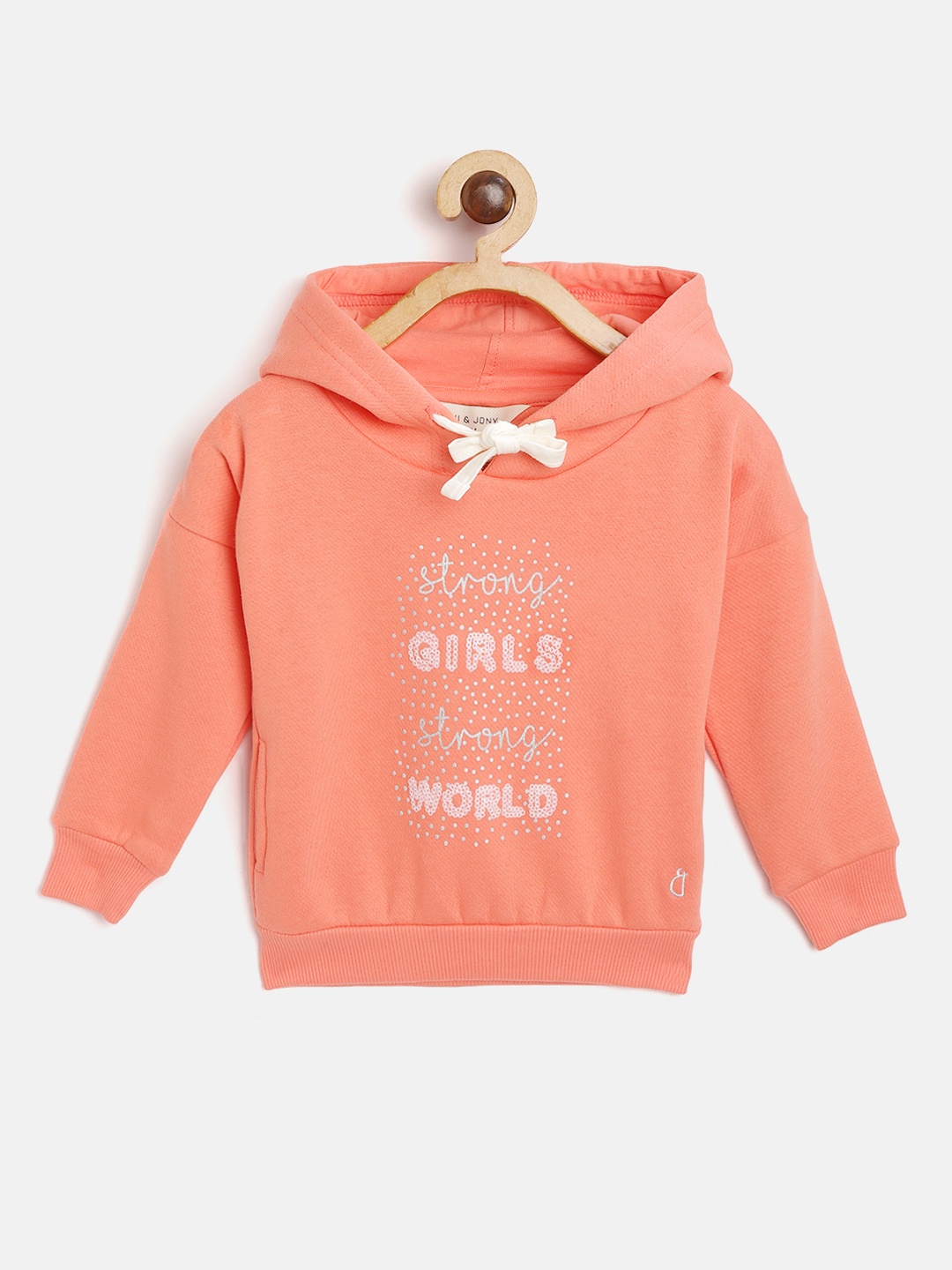 

Gini and Jony Girls Peach-Coloured & White Printed Hooded Sweatshirt with Sequinned Detail