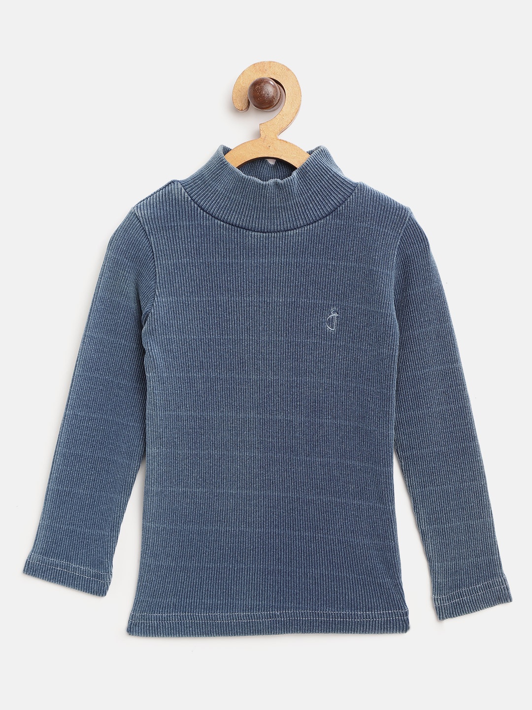 

Gini and Jony Girls Blue Striped & Ribbed Pure Cotton Winter Top