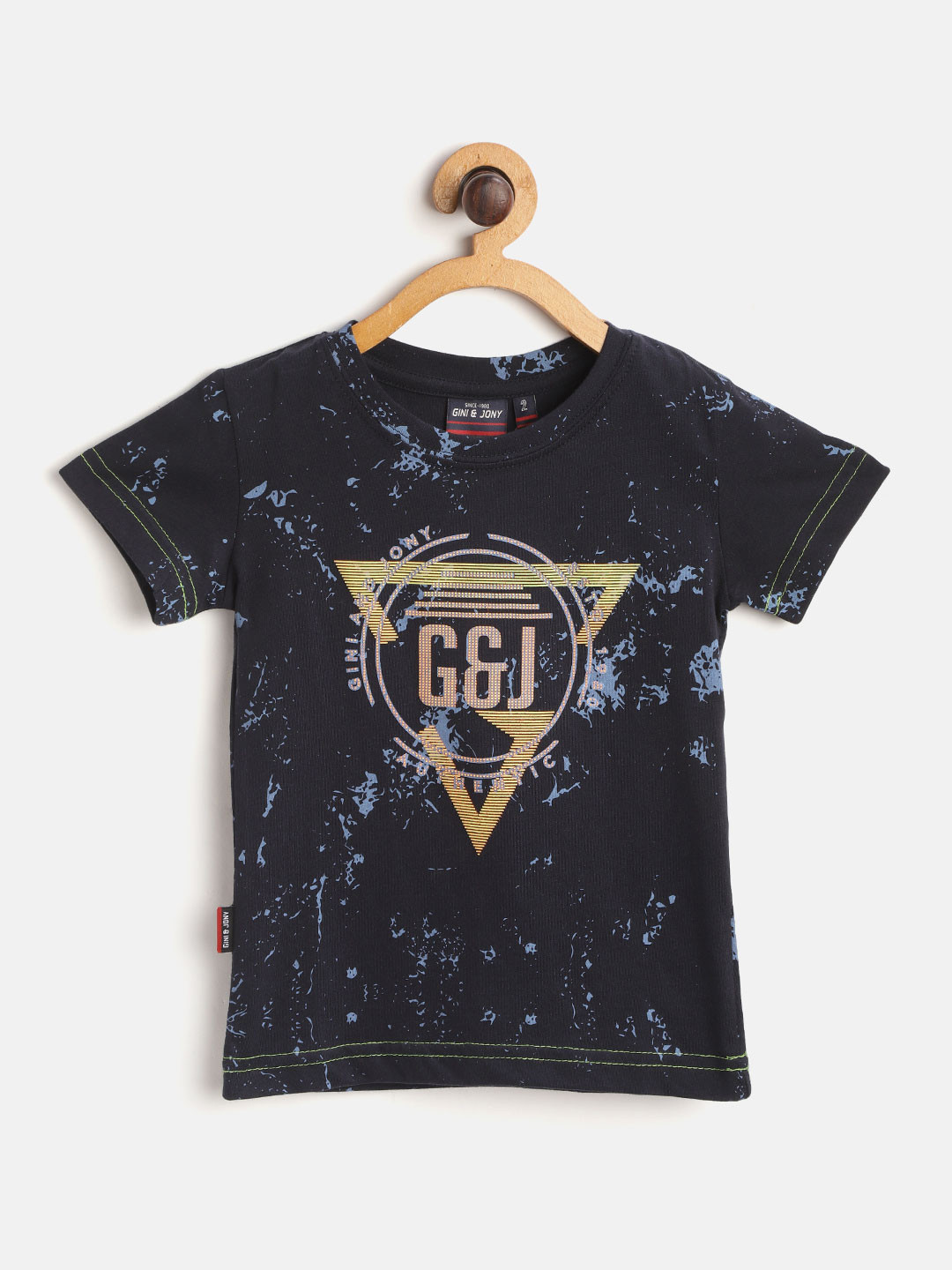 

Gini and Jony Boys Navy Blue Yellow Abstract Brand Logo Print Cotton Pure Cotton T-shirt