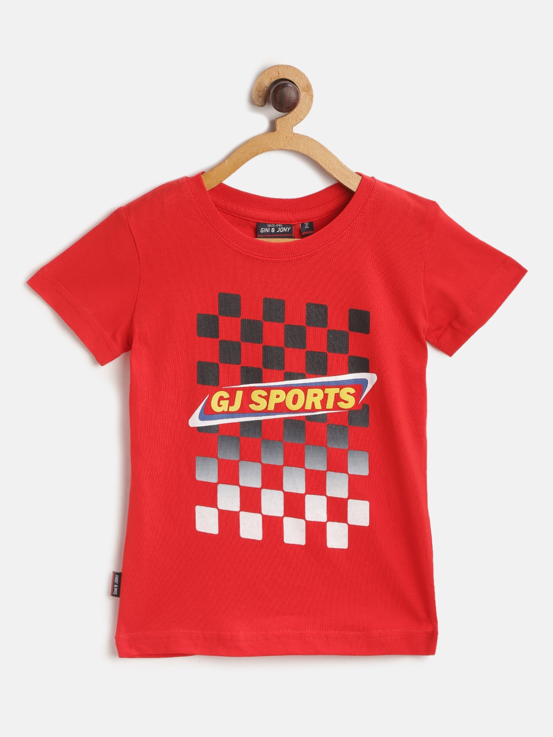 

Gini and Jony Boys Red Chequered Print Round Neck Pure Cotton T-shirt