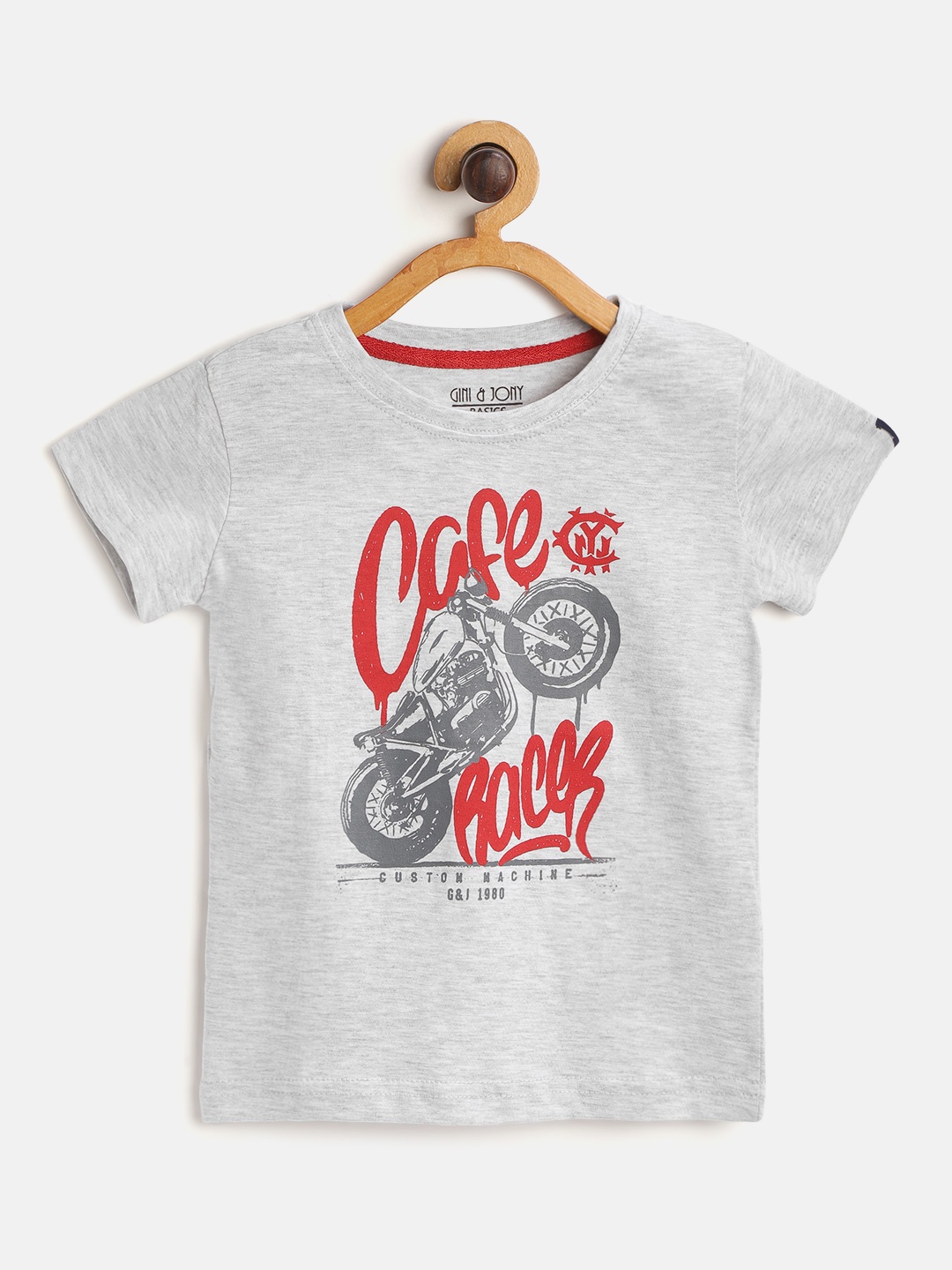 

Gini and Jony Boys Grey Melange & Red Biker Print Round Neck T-shirt