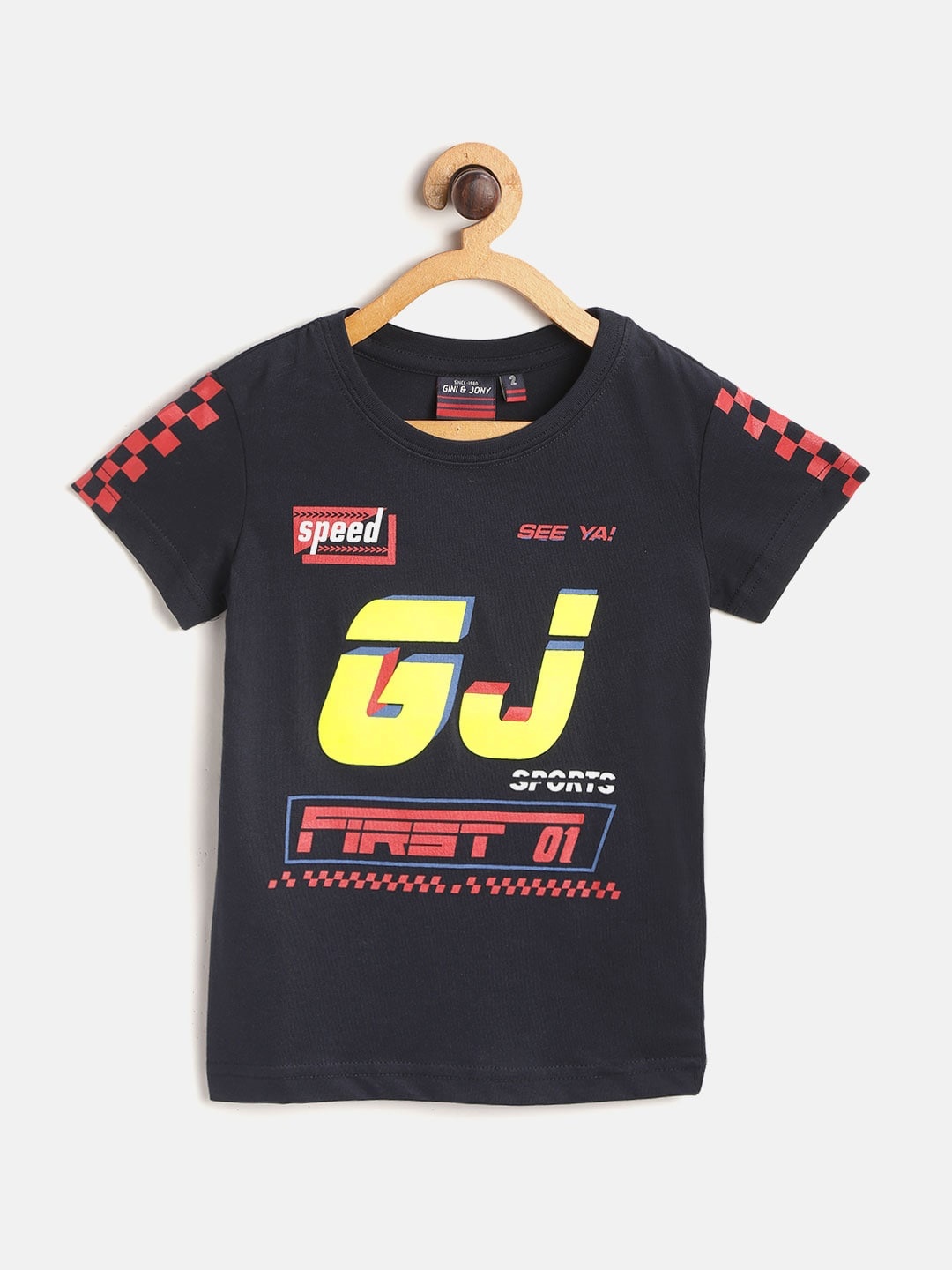 

Gini and Jony Boys Navy Blue Yellow Typography Print Round Neck Pure Cotton T-shirt