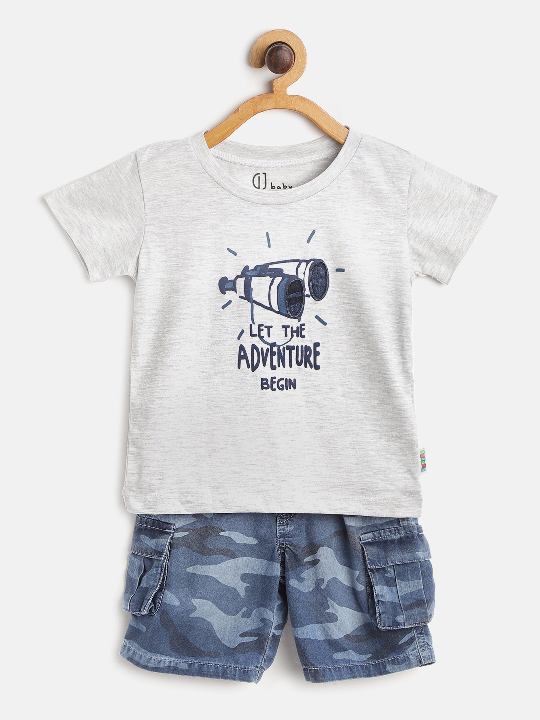 

Gini and Jony Infant Boys Grey Melange & Blue Pure Cotton Printed T-shirt with Shorts