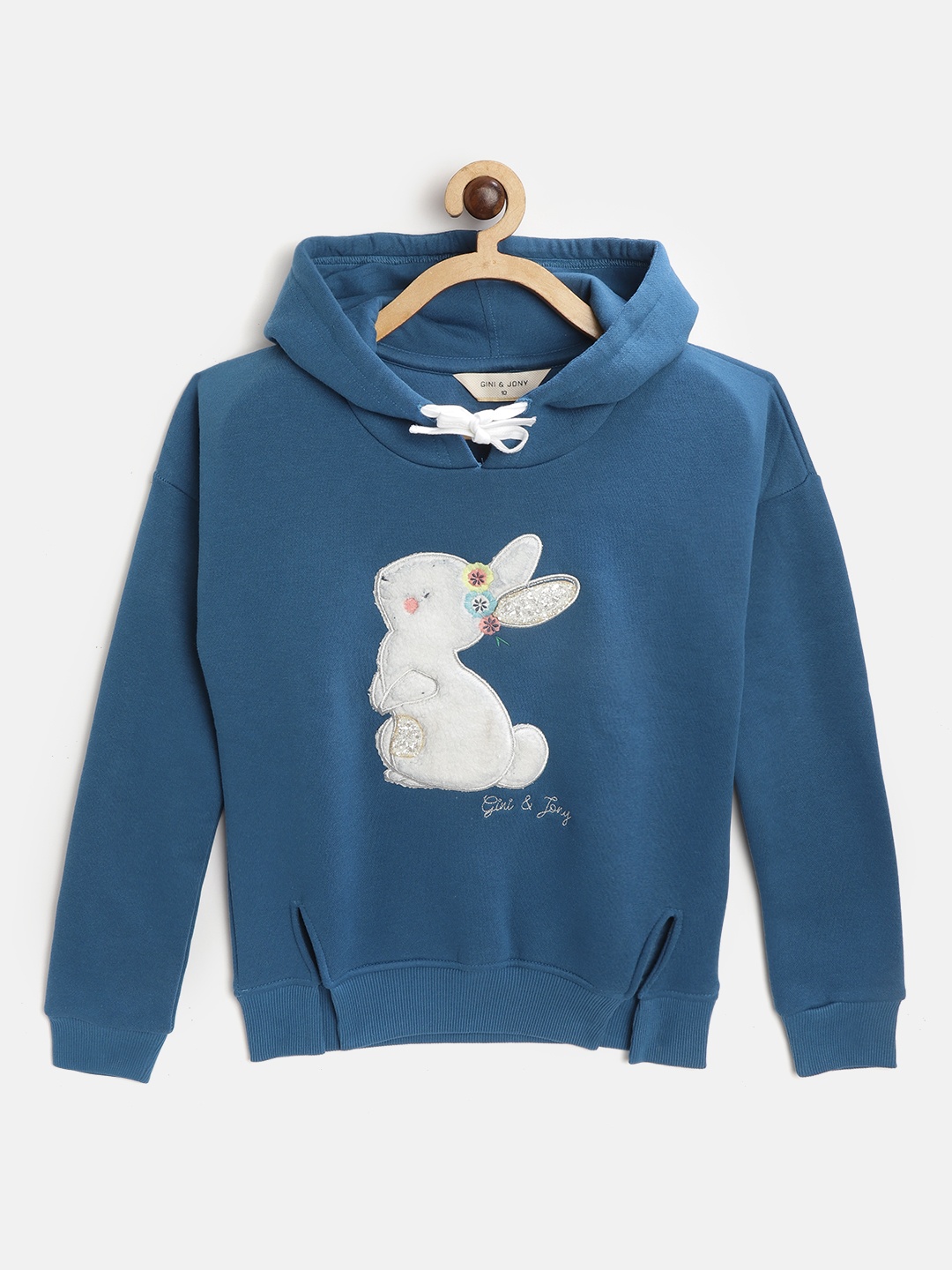 

Gini and Jony Girls Teal Blue & White Bunny Applique Hooded Sweatshirt