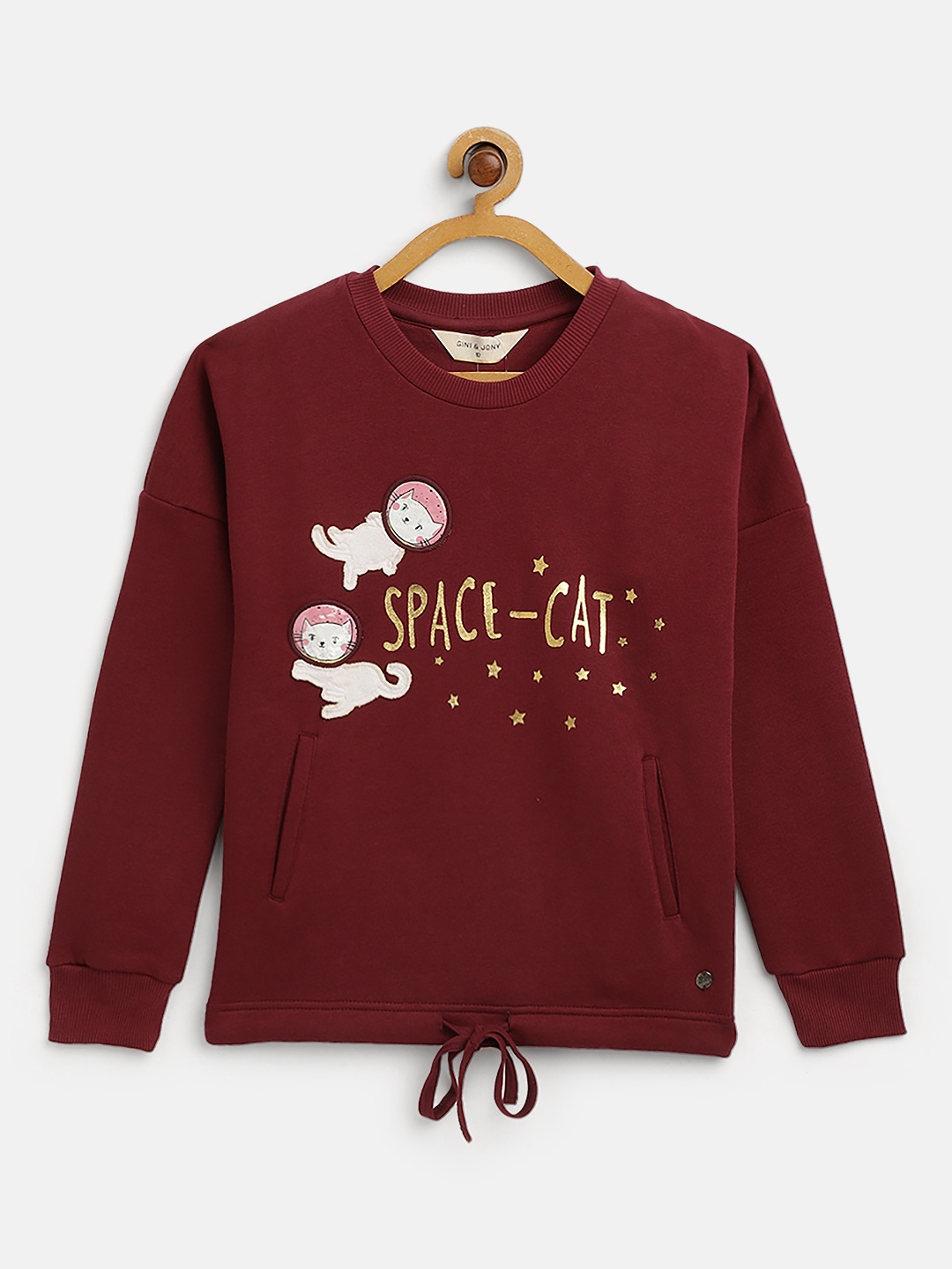 

Gini and Jony Girls Burgundy & Golden Printed Sweatshirt with Applique Detail