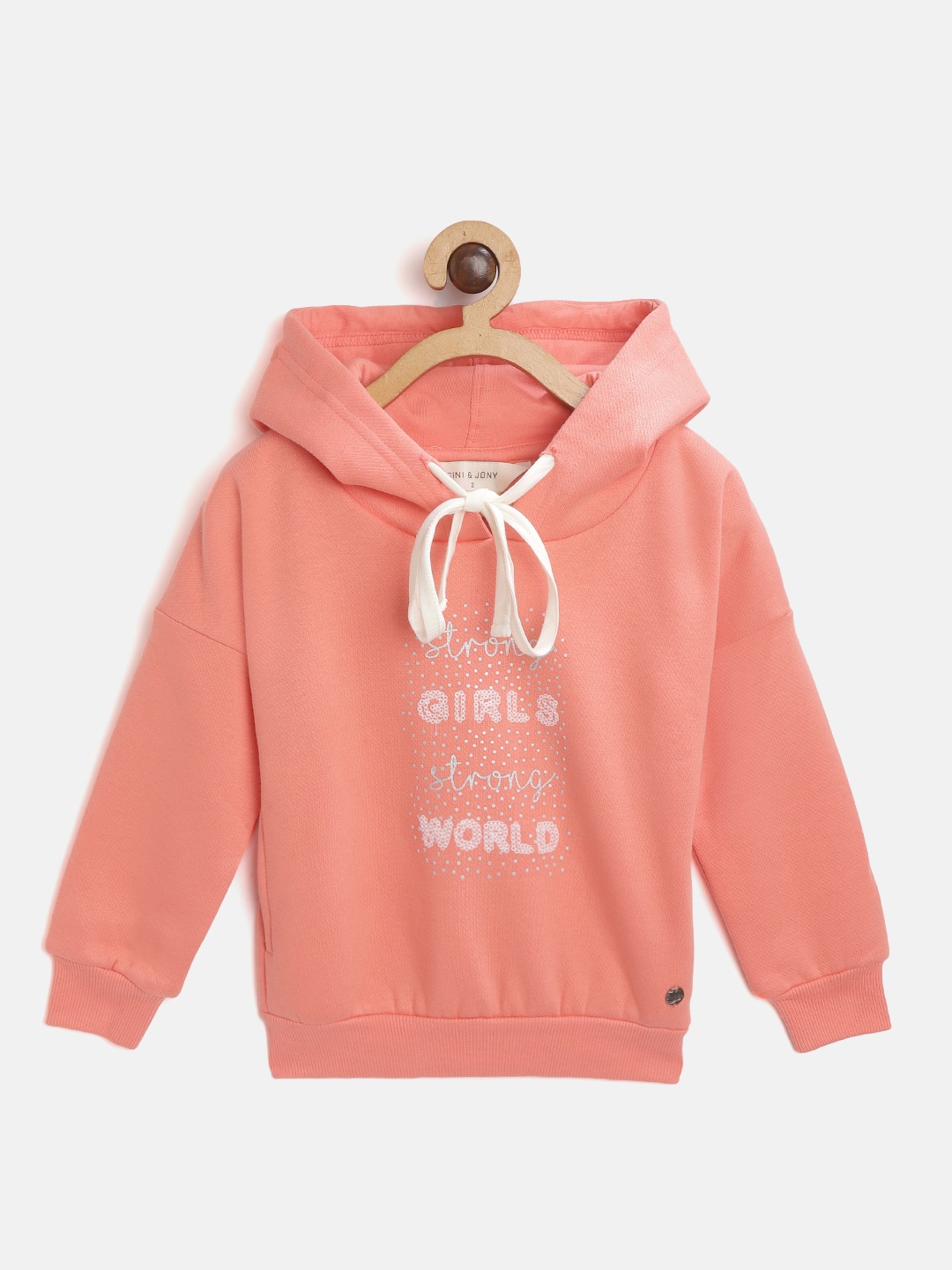 

Gini and Jony Girls Peach-Coloured & White Printed Hooded Sweatshirt with Sequinned Detail