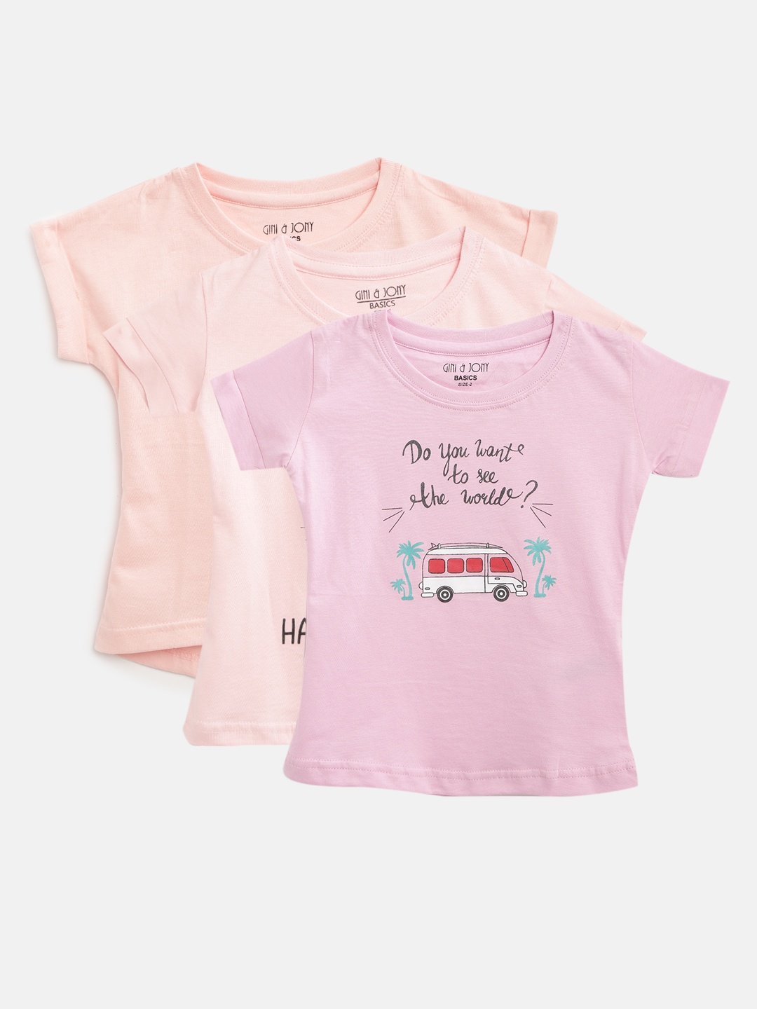 

Gini and Jony Girls Pack of 3 Printed Round Neck Pure Cotton T-shirts, Pink