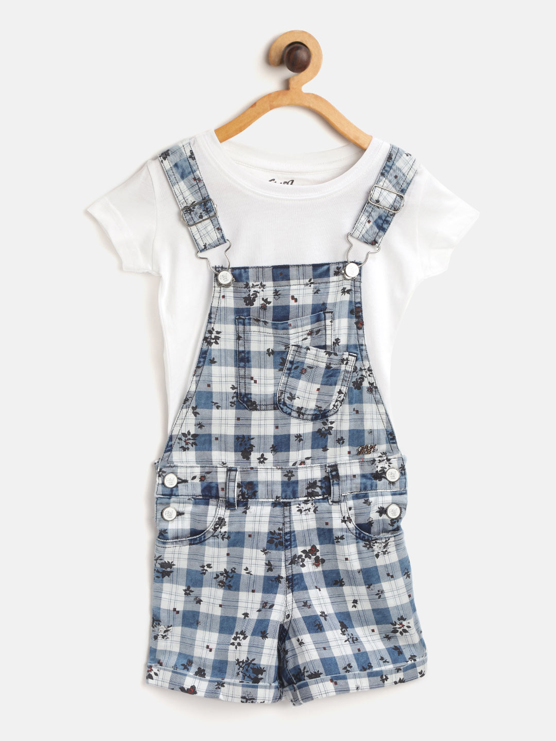 

Gini and Jony Girls Blue & White Cotton Solid T-shirt with Checked Dungarees