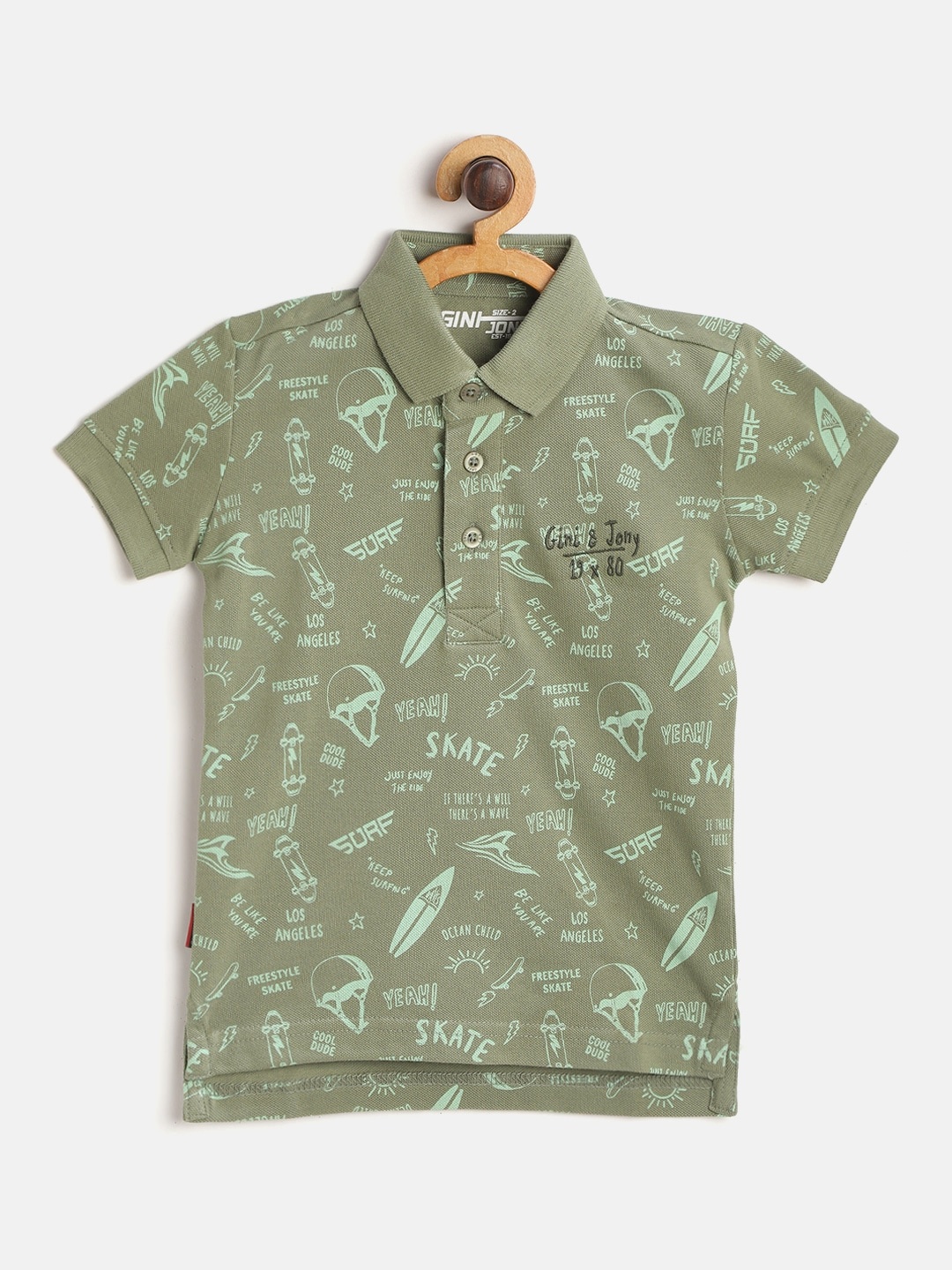 

Gini and Jony Infant Boys Olive Green Conversational Print Pure Cotton Polo Collar Pure Cotton T-shirt