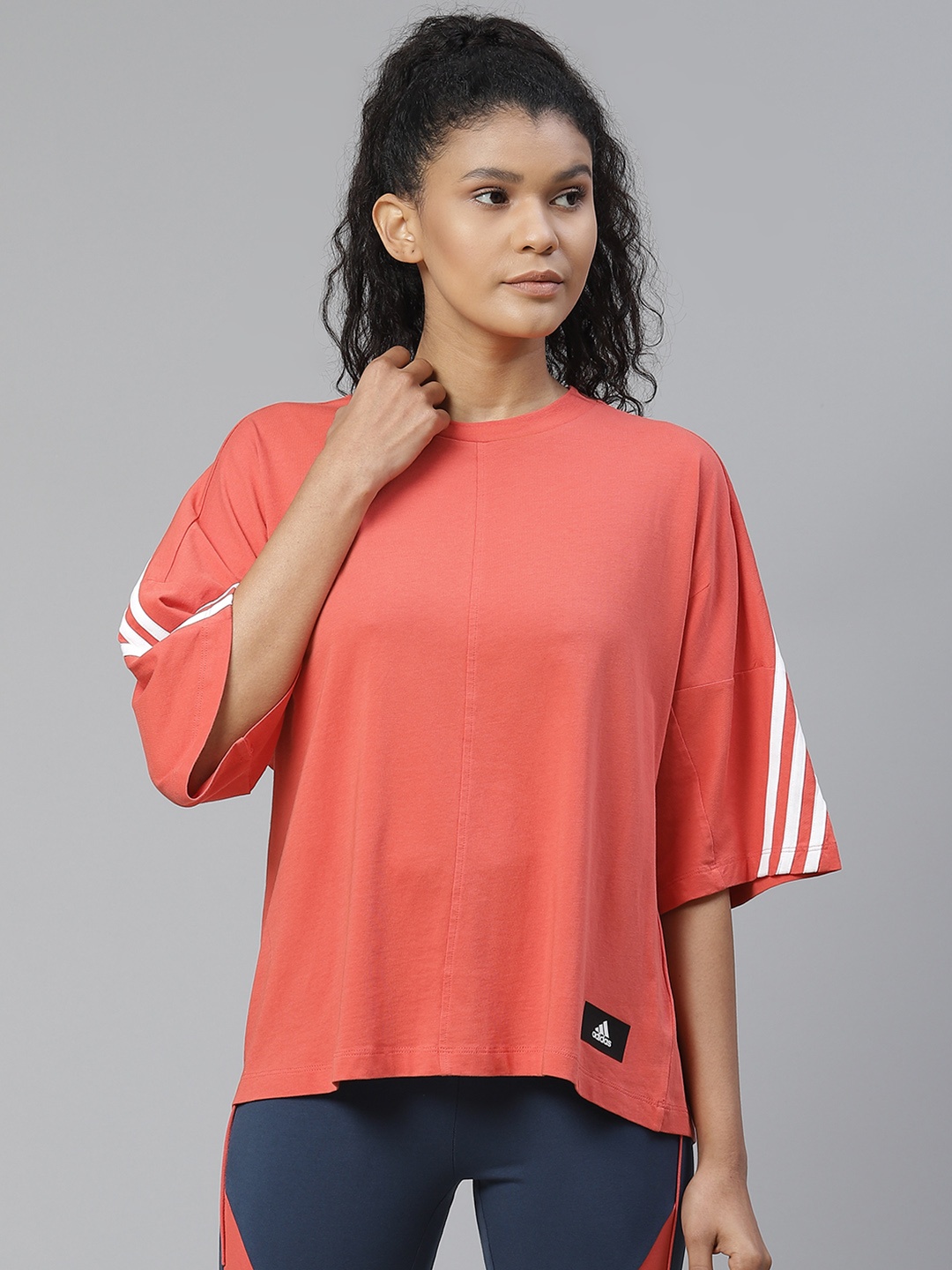 

ADIDAS Women Rust Orange 3 Stripes Pure Cotton Solid Round Neck Pure Cotton T-shirt