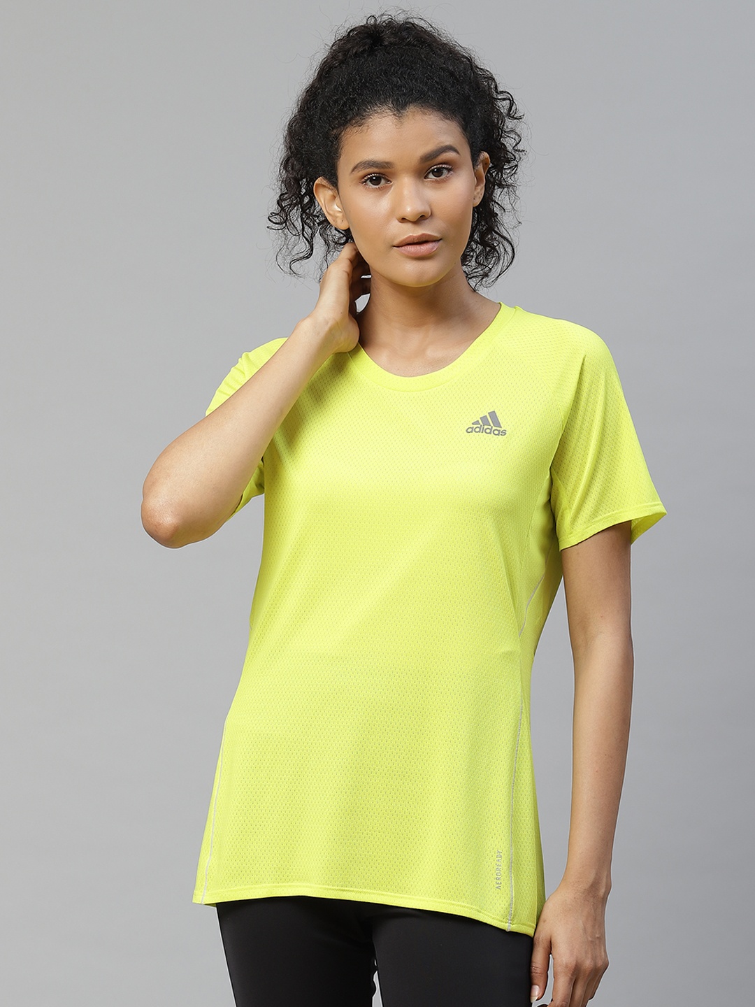 

ADIDAS Women Fluorescent Green Self Design Runner T-shirt