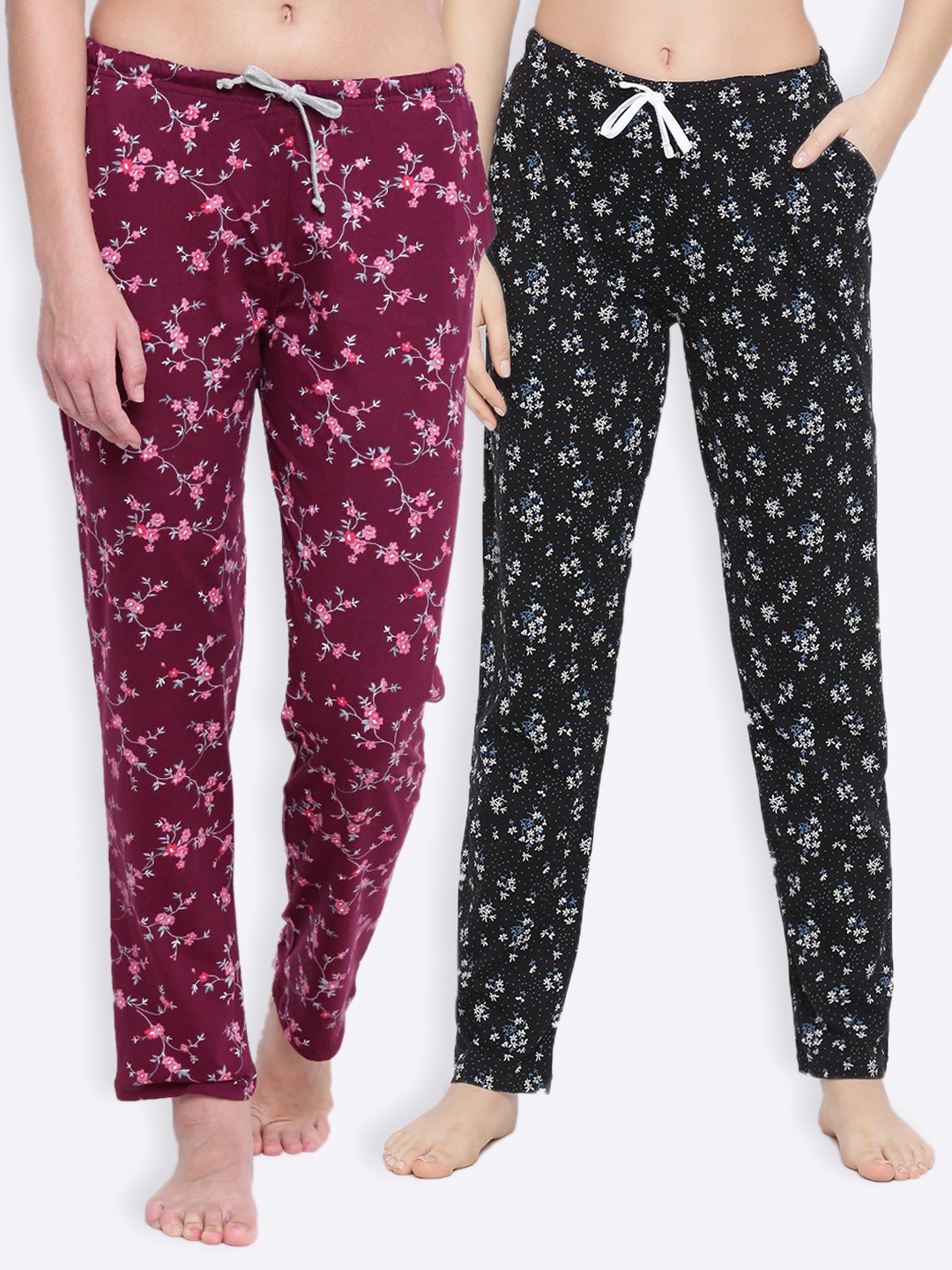 

Kanvin Women Pack Of 2 Maroon & Black Floral Printed Lounge Pants