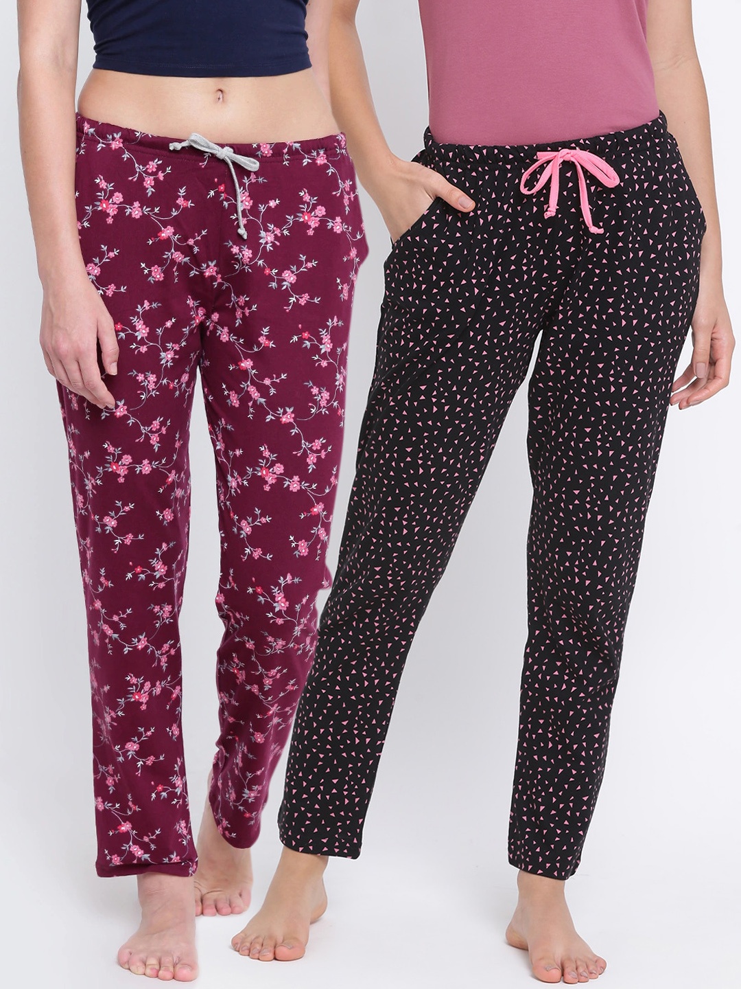 

Kanvin Women Pack Of 2 Printed Cotton Lounge Pants, Maroon