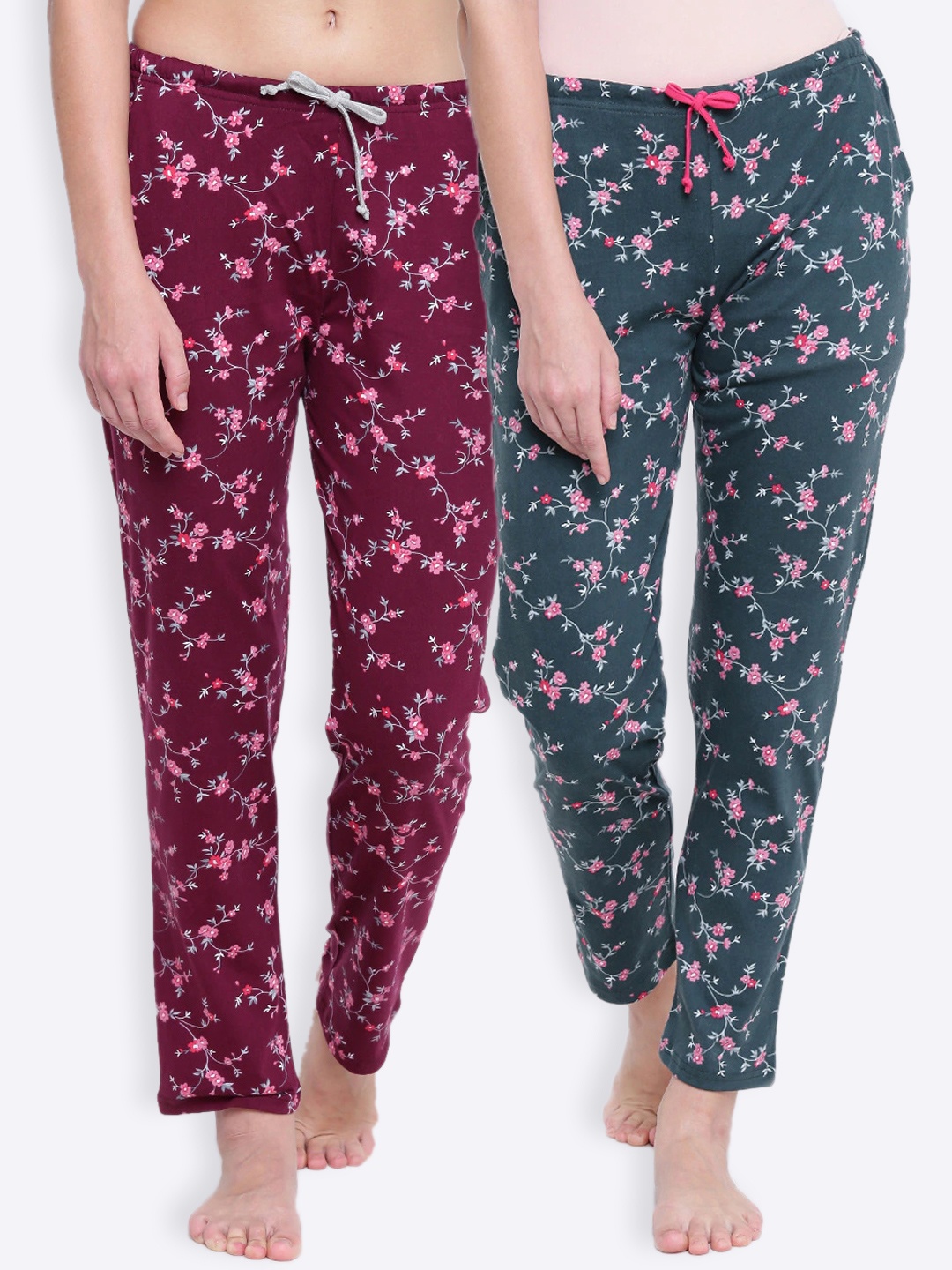 

Kanvin Women Pack Of 2 Floral Printed Lounge Pants, Maroon