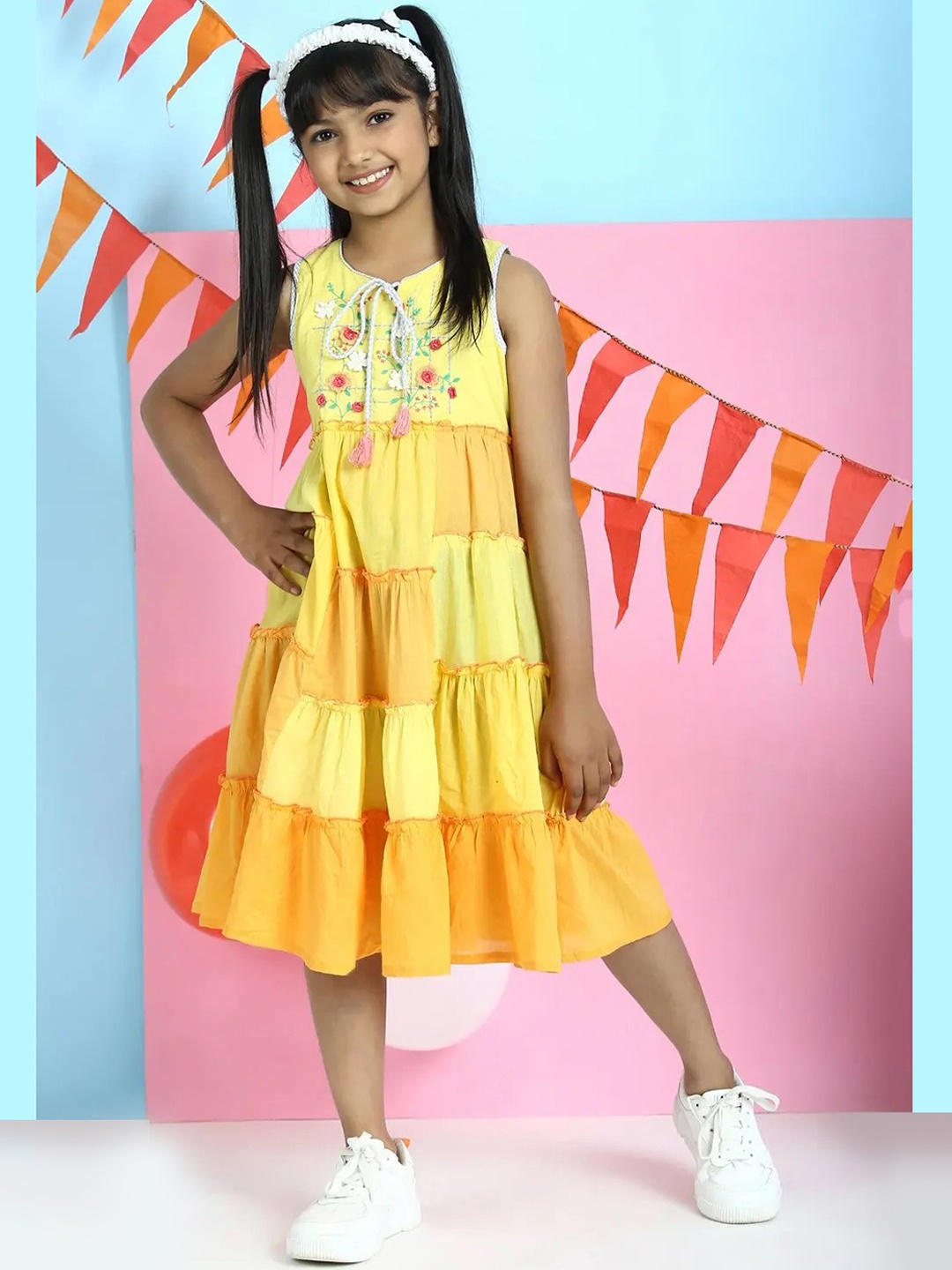 

Biba Yellow Colourblocked Tie-Up Neck Cotton A-Line Midi Dress