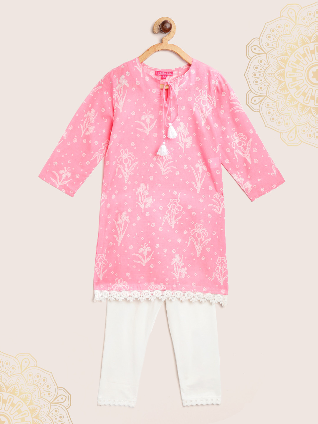 

Biba Girls Pink & White Bandhani Print Kurta with Leggings