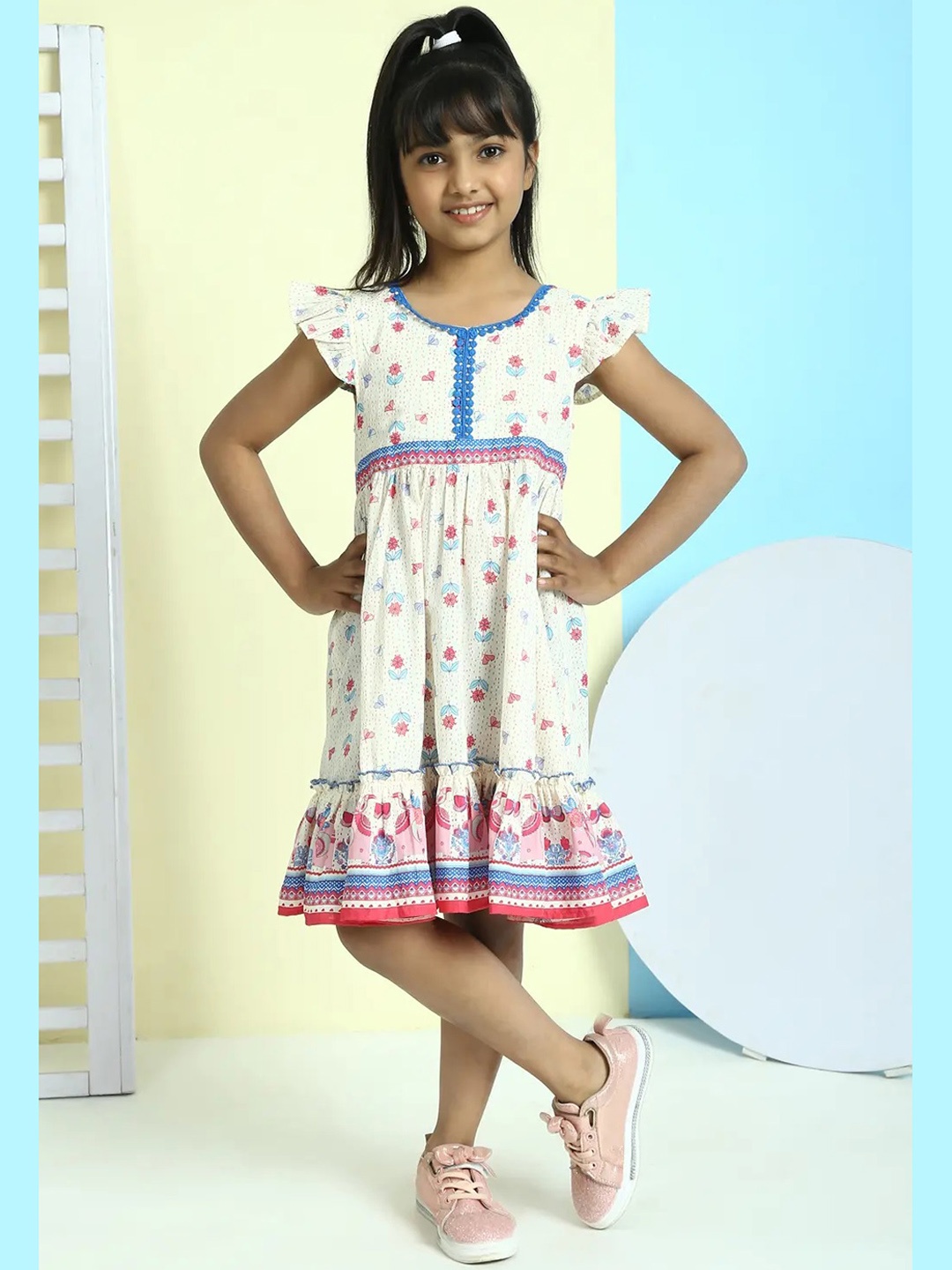 

Biba Cream-Coloured & Blue Printed Cotton A-Line Dress