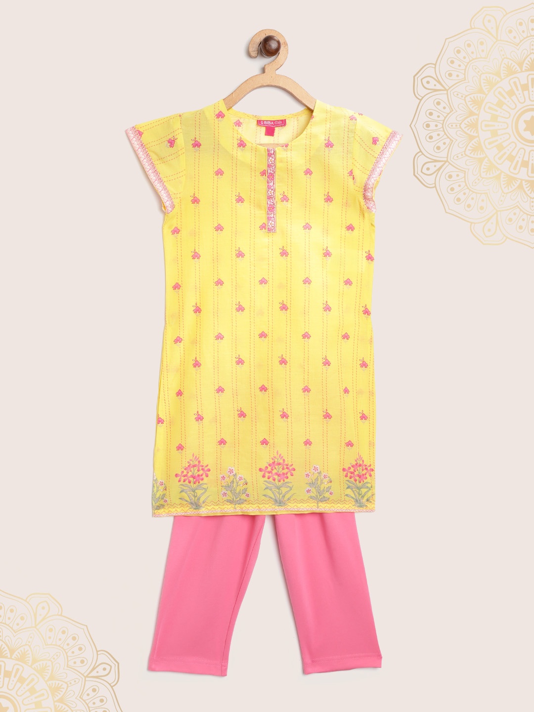 

Biba Girls Yellow & Pink Striped Kurta with Pyjamas