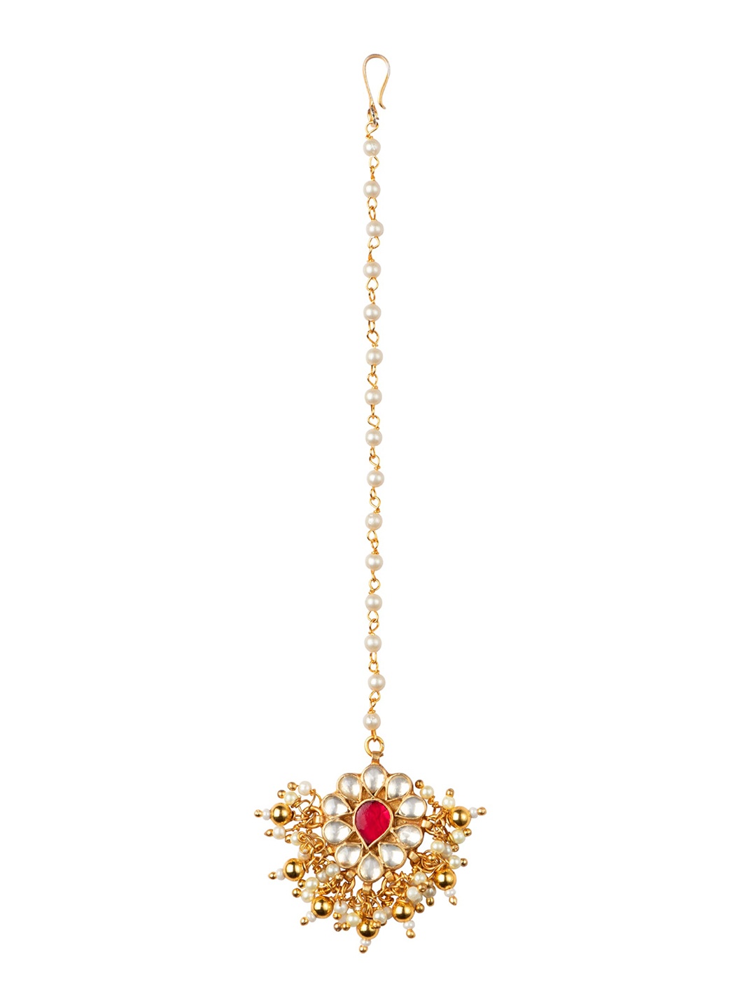 

MORKANTH JEWELLERY 24K Gold-Plated White & Red Kundan-Studded Pearl Embellished Maang Tikka