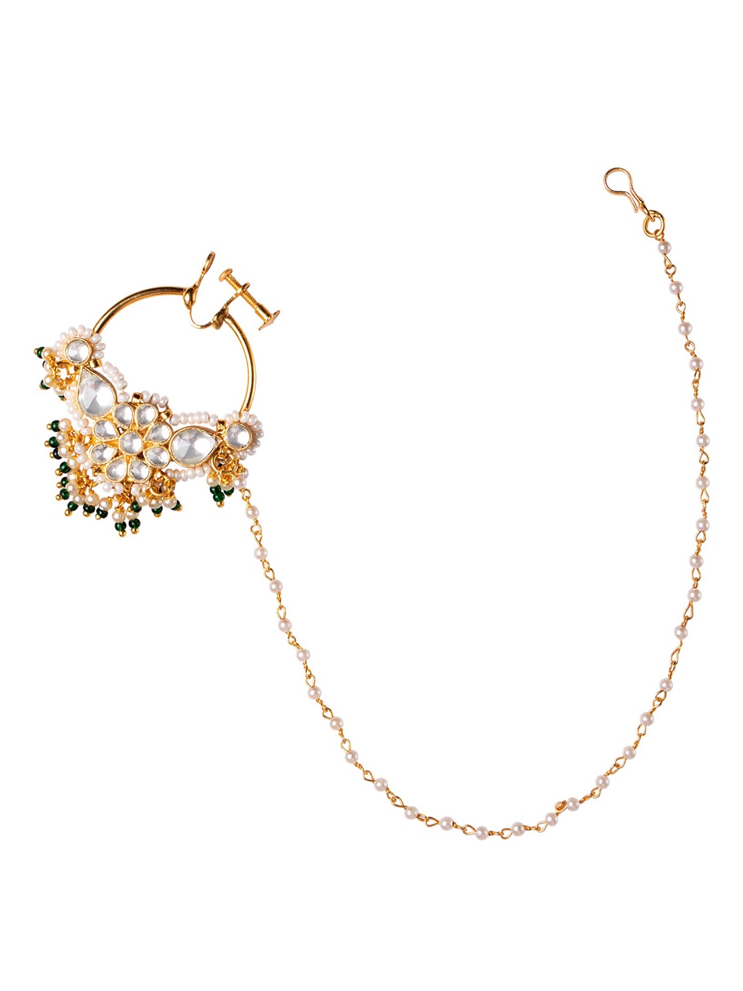 

MORKANTH JEWELLERY 24K Gold Plated White Kundan Stone Studded Nose Pin with Beaded Extension