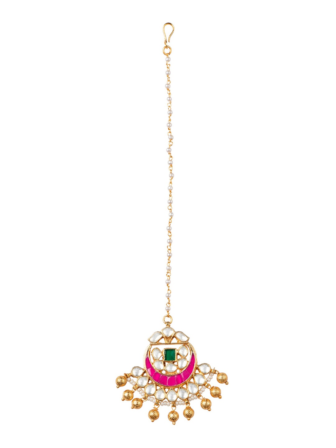 

MORKANTH JEWELLERY Gold-Plated Pink & White Kundan Studded Handcrafted Maangtika
