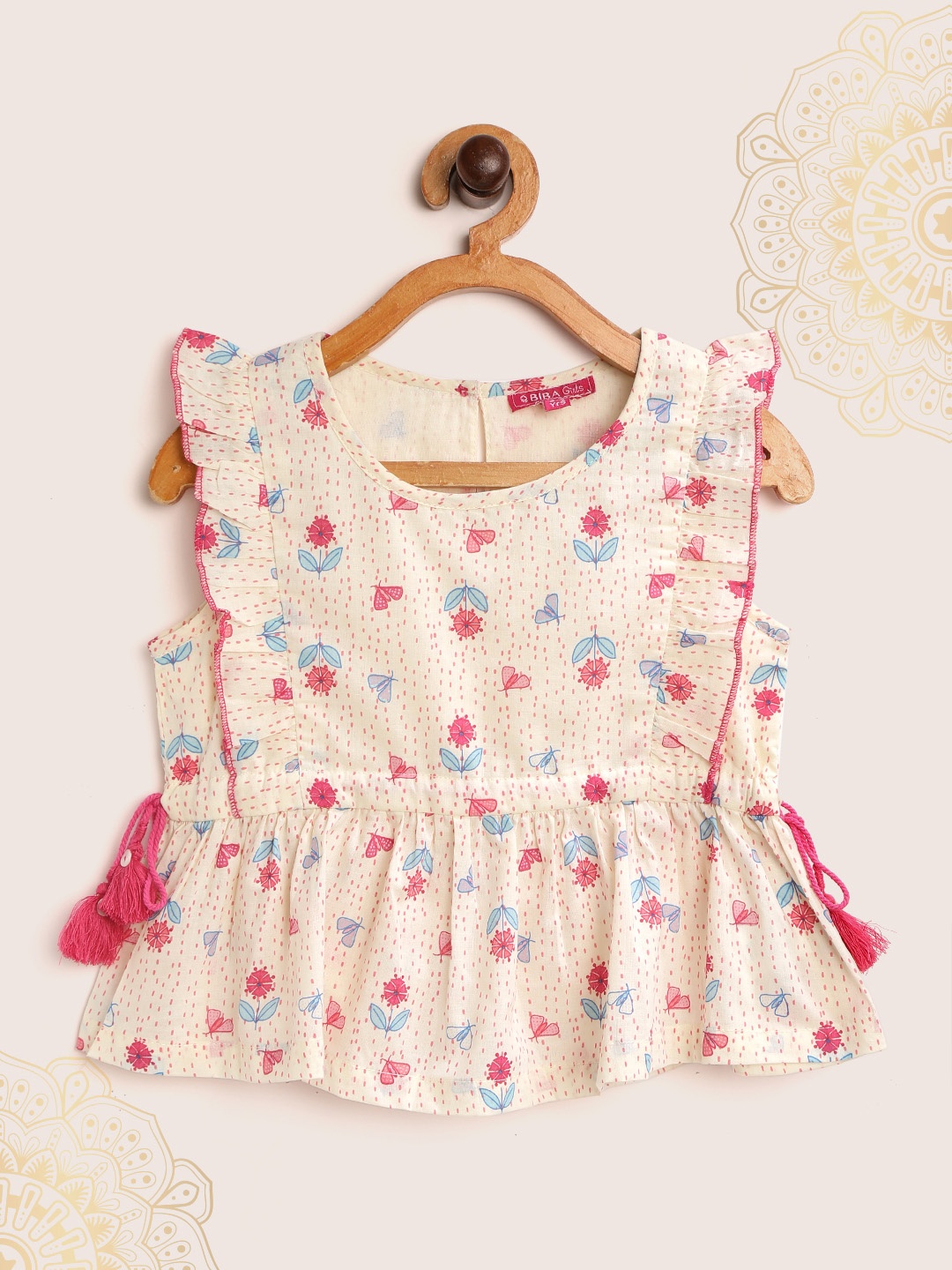 

Biba Girls Cream-Coloured & Pink Floral Flutter Sleeves Pure Cotton Cinched Waist Top
