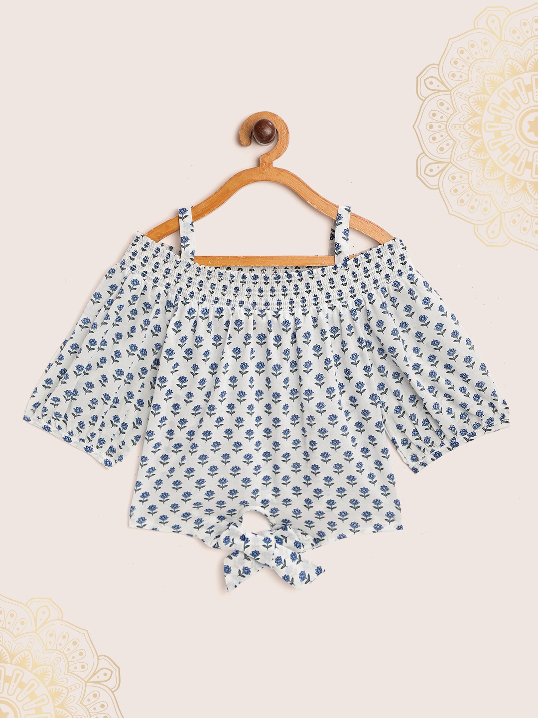 

Biba Girls White & Blue Floral Print Off-shoulder Puff Sleeves Pure Cotton Bardot Top