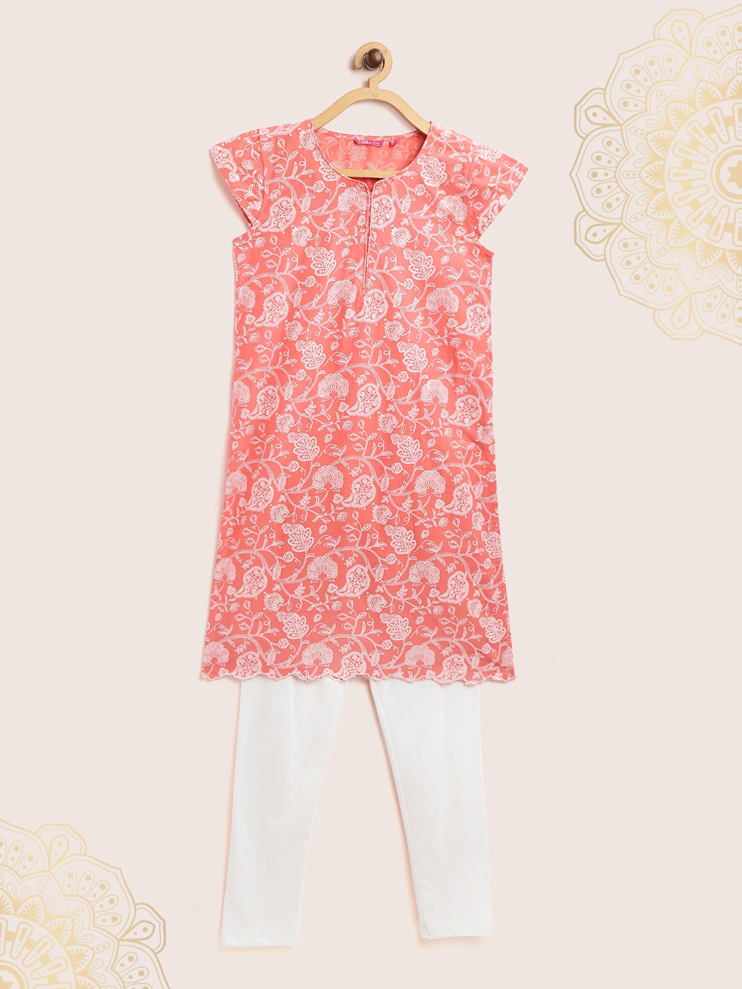 

Biba Girls Coral Pink & White Ethnic Printed Kurta with Leggings