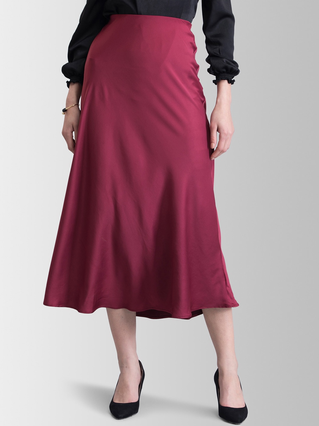 

FableStreet Women Maroon Solid A-line Sustainable Midi Skirt