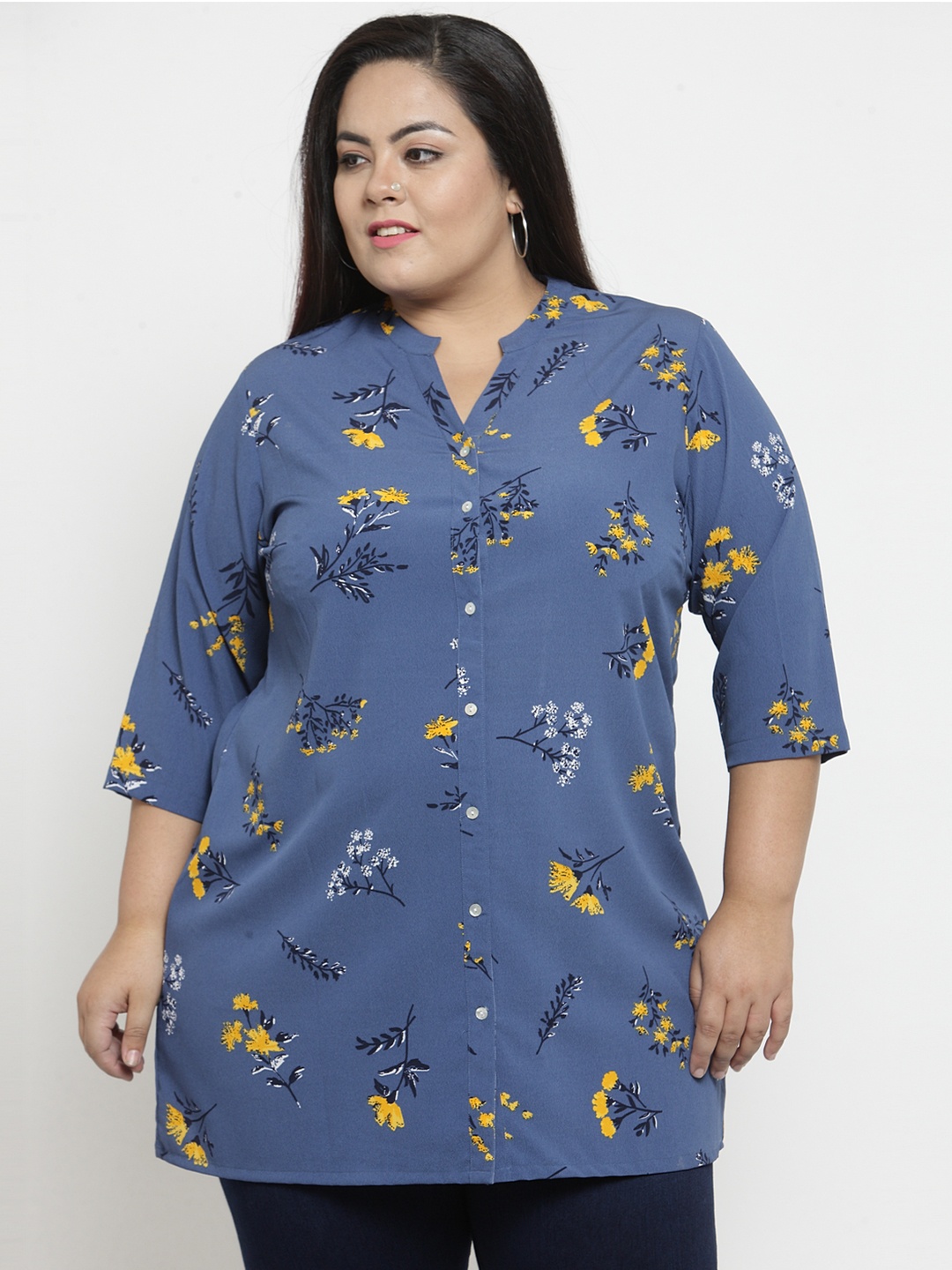 

plusS Women Blue & Yellow Floral Printed Tunic