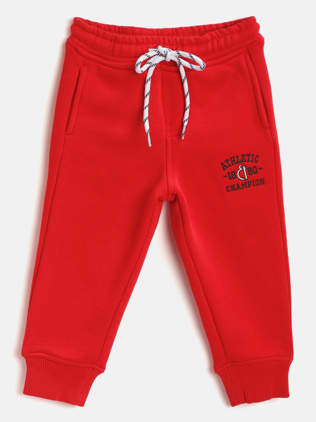 

Gini and Jony Boys Solid Fleece Lined Knitted Pure Cotton Joggers with Embroidered Detail, Red