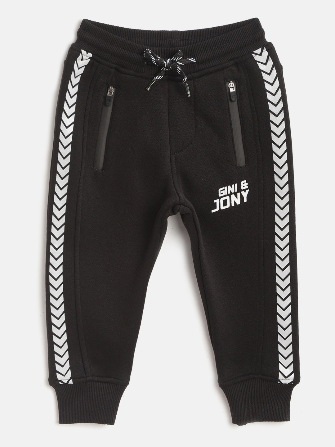 

Gini and Jony Boys Black & White Solid Fleece Lined Pure Cotton Joggers with Side-Stripes