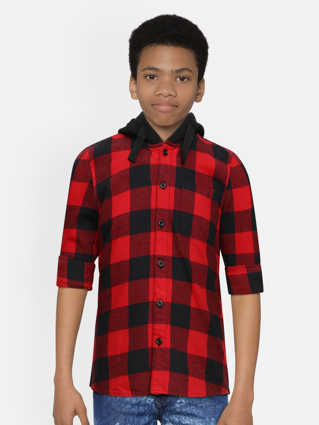 

Jack & Jones Boys Red & Black Slim Fit Checked Hooded Casual Cotton Shirt