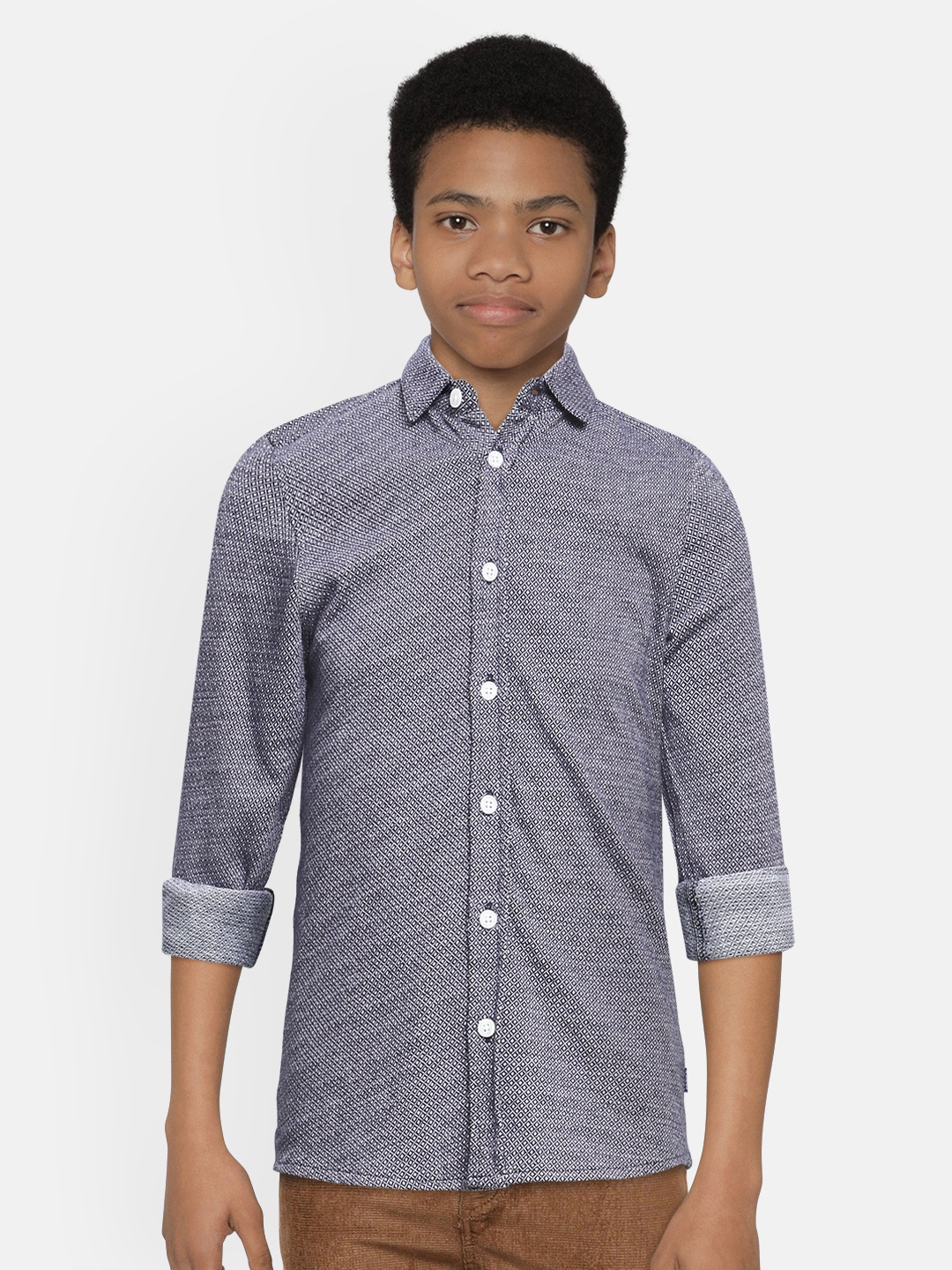 

Jack & Jones Boys Navy Blue Slim Fit Self Design Casual Cotton Shirt