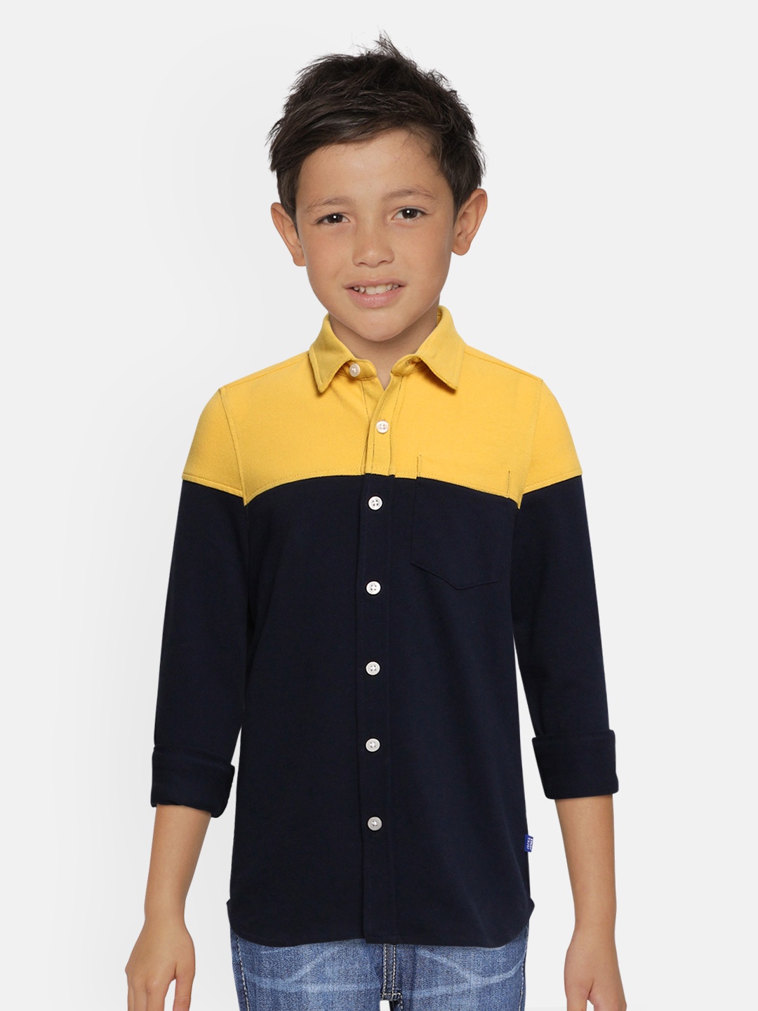 

Jack & Jones Boys Yellow & Black Slim Fit Colourblocked Pure Cotton Casual Shirt
