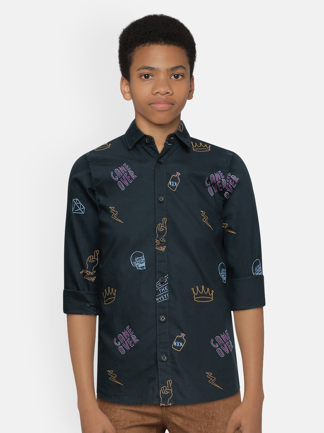 

Jack & Jones Boys Navy Blue Slim Fit Printed Casual Cotton Shirt
