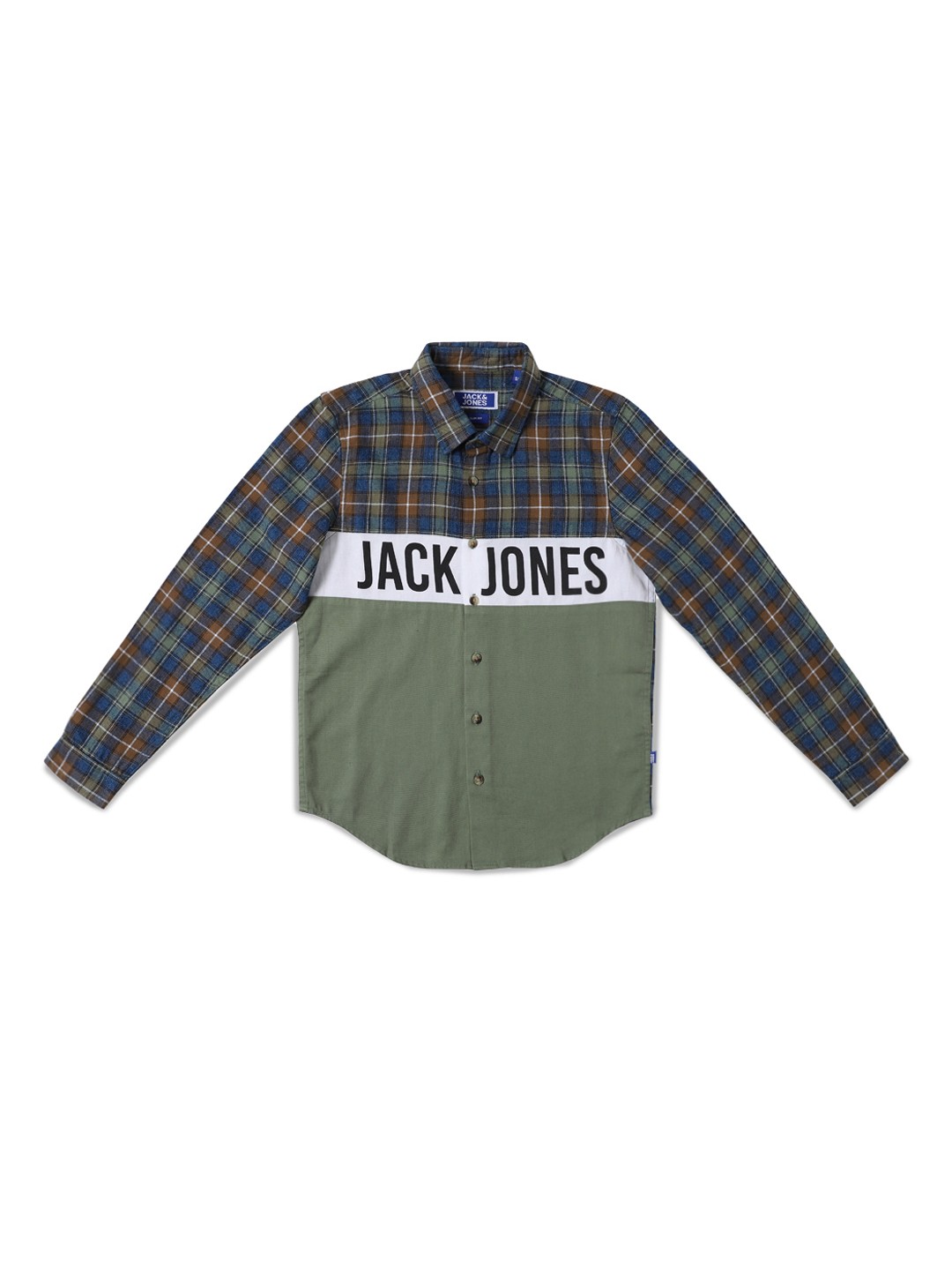 

Jack & Jones Boys Green & Blue Slim Fit Colourblocked & Checked Pure Cotton Casual Shirt