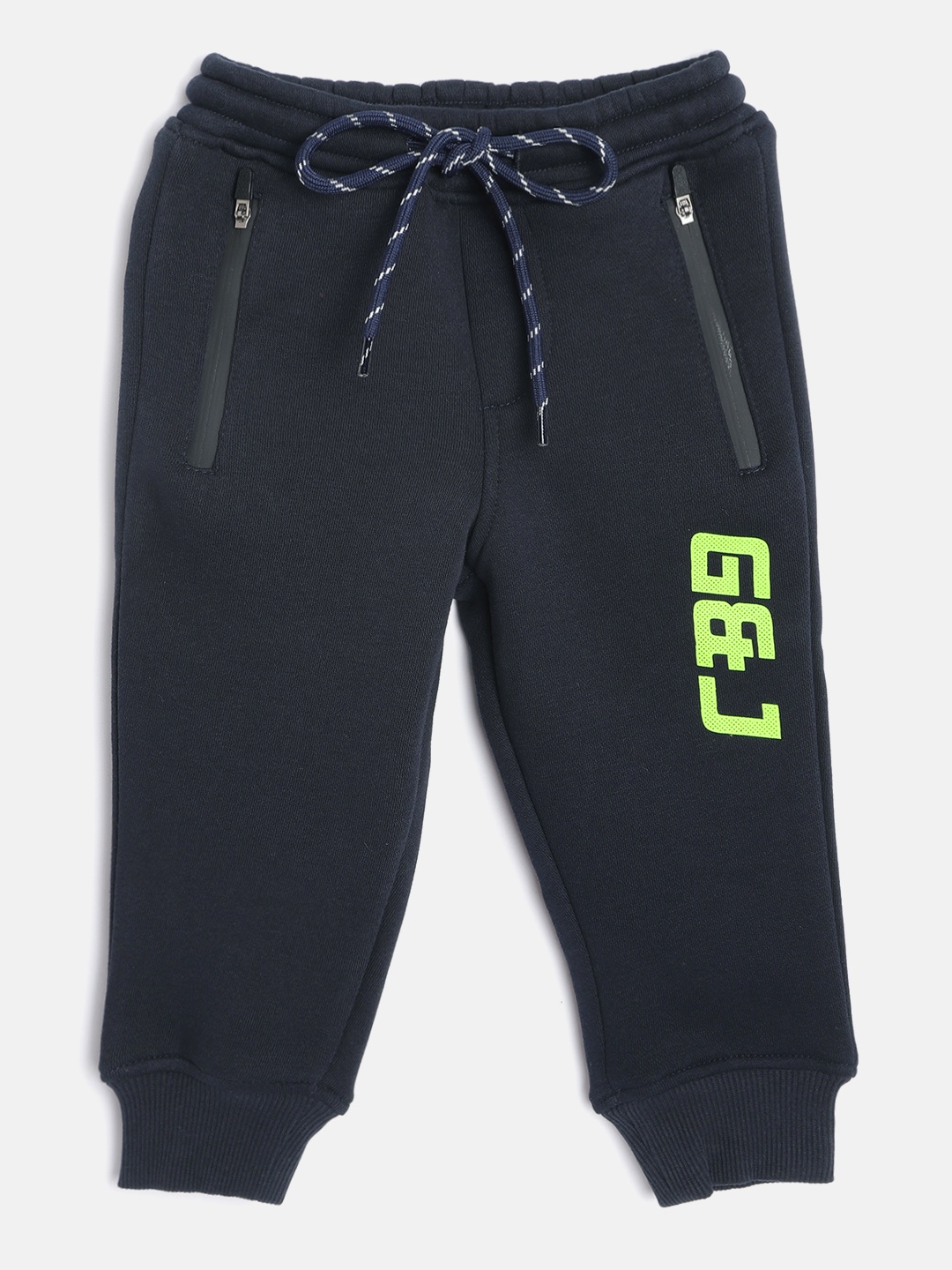 

Gini and Jony Boys Navy Blue Solid Cotton Joggers with Printed Detail