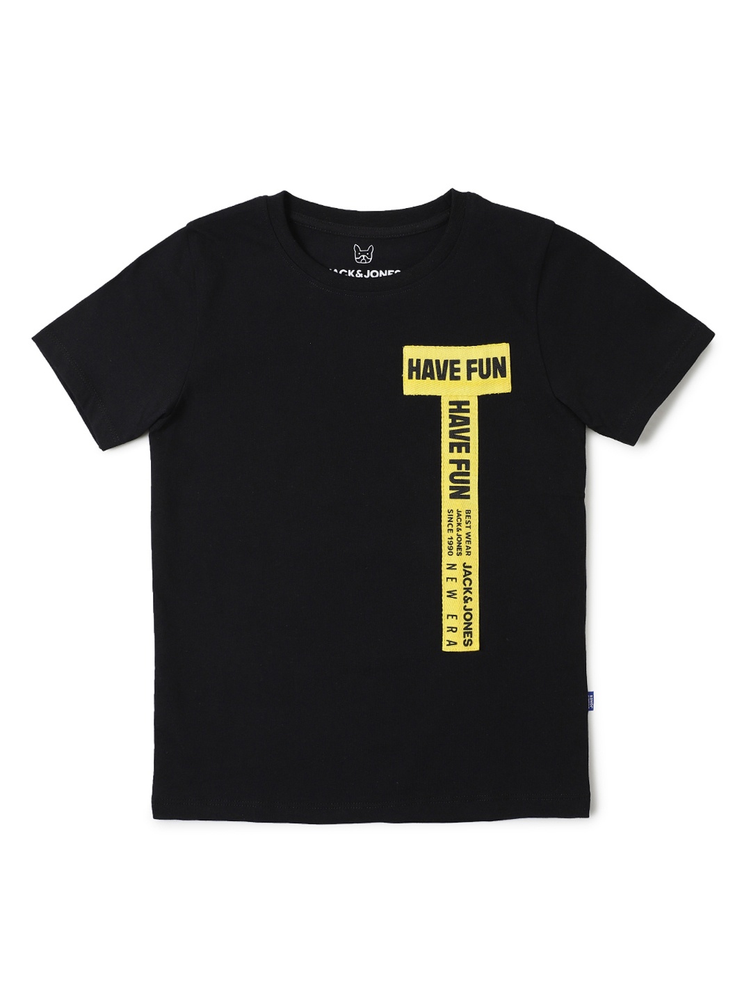 

Jack Jones Boys Black Yellow Typography Printed Slim Fit Pure Cotton T-shirt