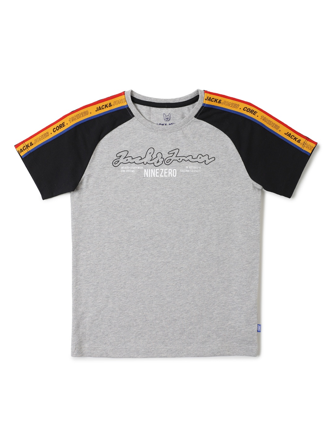 

Jack Jones Boys Grey Black Colourblocked Slim Fit Pure Cotton T-shirt