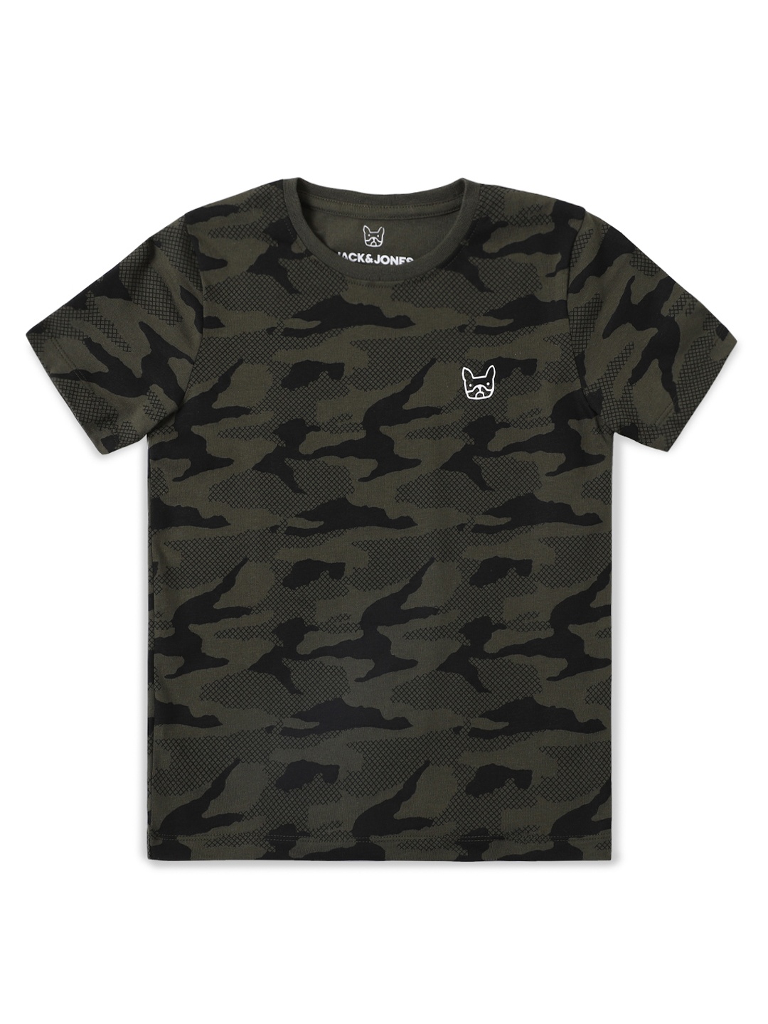 

Jack Jones Boys Green Black Camouflage Printed Applique Slim Fit Pure Cotton T-shirt
