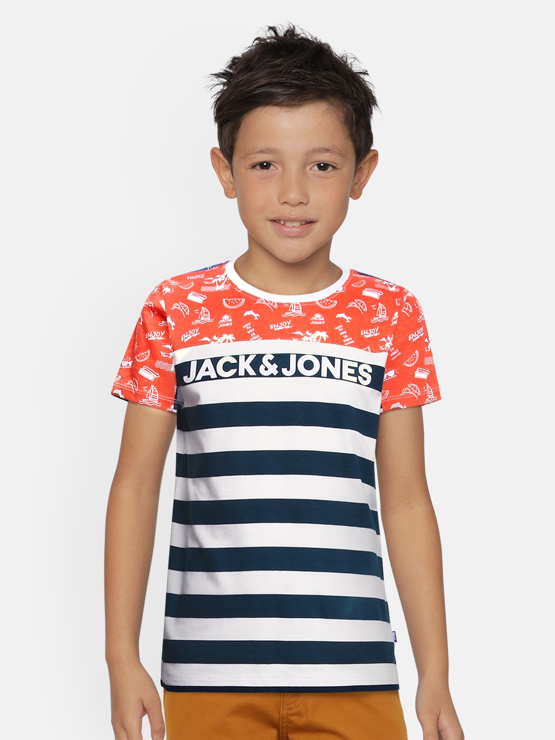 

Jack & Jones Boys White & Blue Striped Round Neck T-shirt