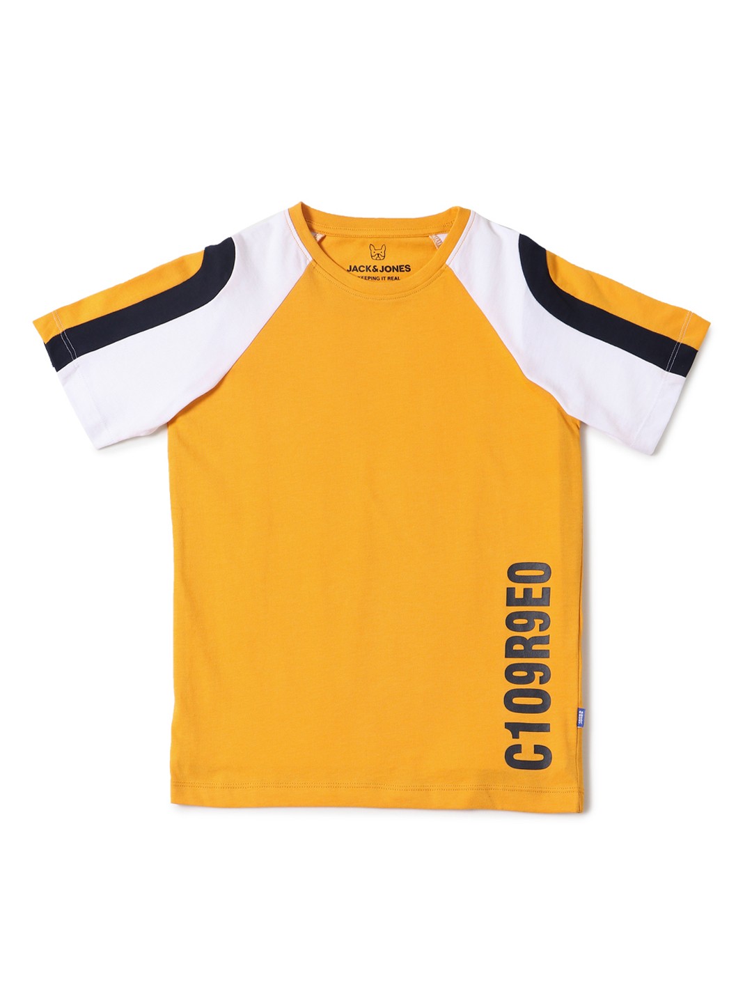 

Jack Jones Boys Yellow White Colourblocked Slim Fit Pure Cotton T-shirt